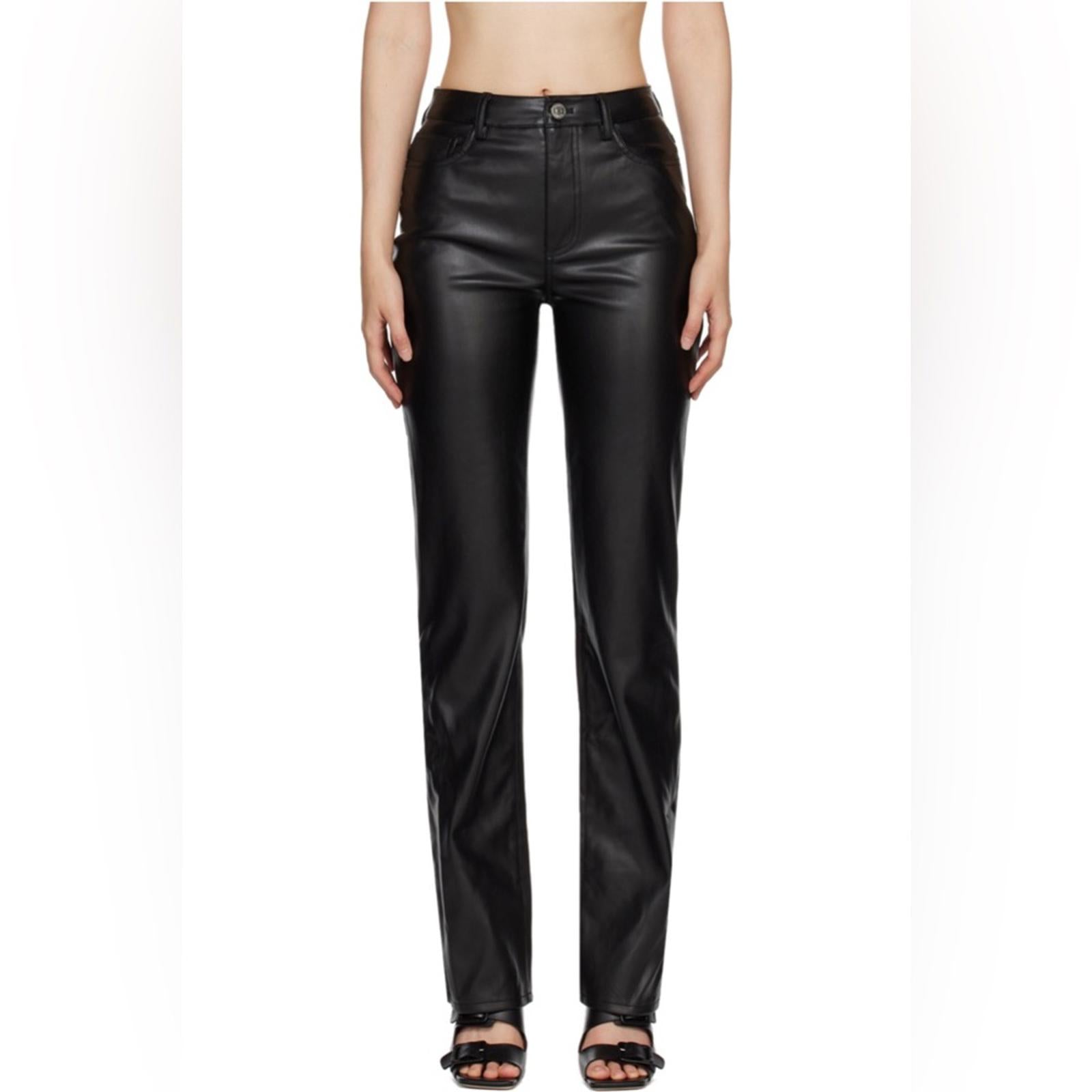 Staud Chisel Vegan Leather Straight-Leg Pants, Black High Waist Size 12 NEW $350