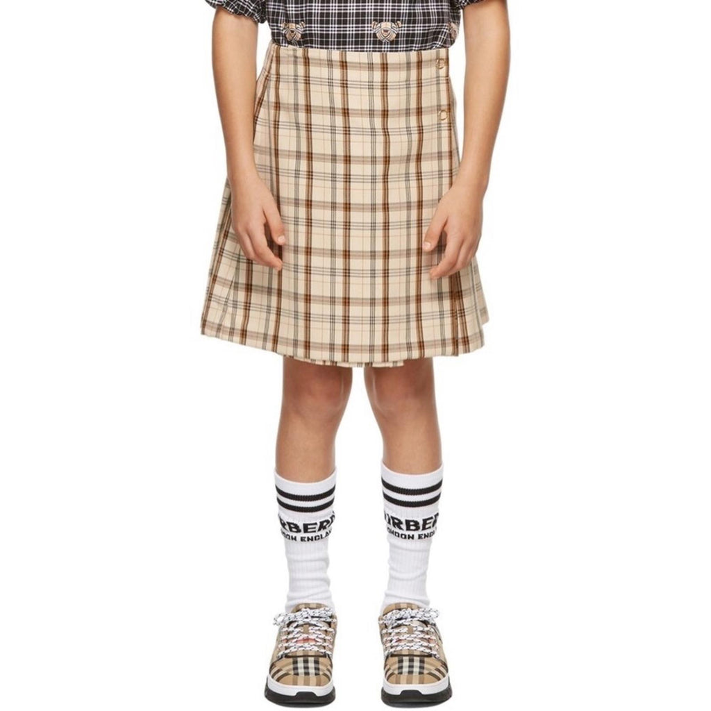 Burberry Kids Beige Check Logo Print Lianne Pleated Skirt, Size 4Y New w/Tag