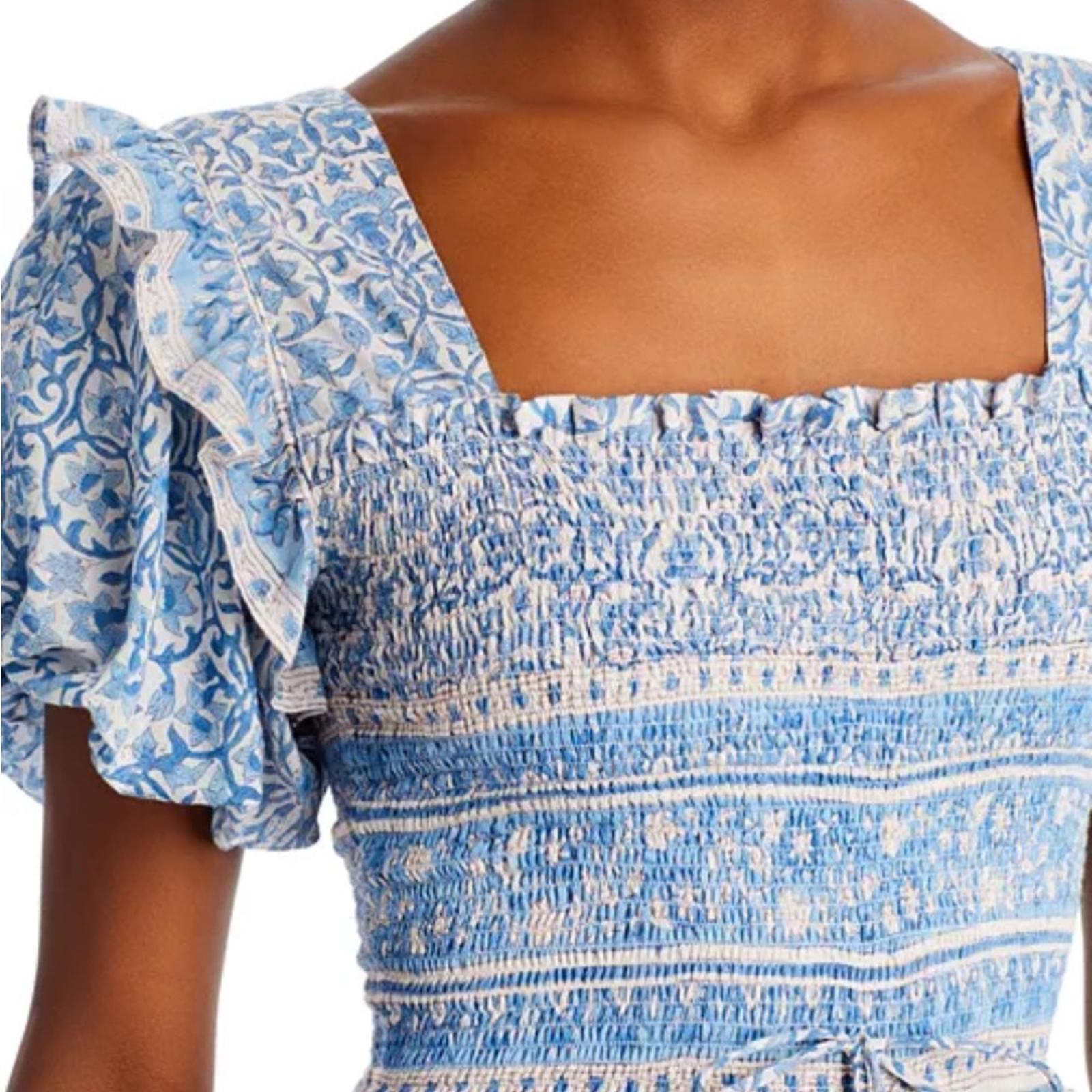 Bell Ashley Ruffled Puff Sleeve Midi Dress in Blue White, Size XL New w/Tag $408