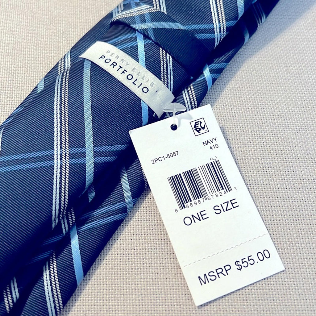 Perry Ellis Portfolio Diagonal Plaid Navy Neck Tie, Blue New w/Tag