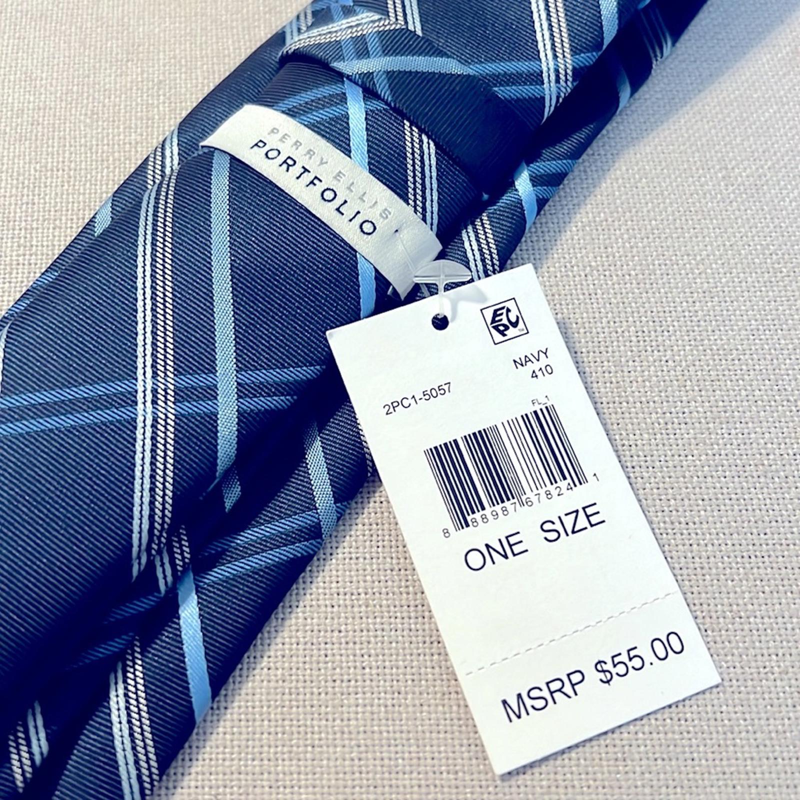 Perry Ellis Portfolio Diagonal Plaid Navy Neck Tie, Blue New w/Tag