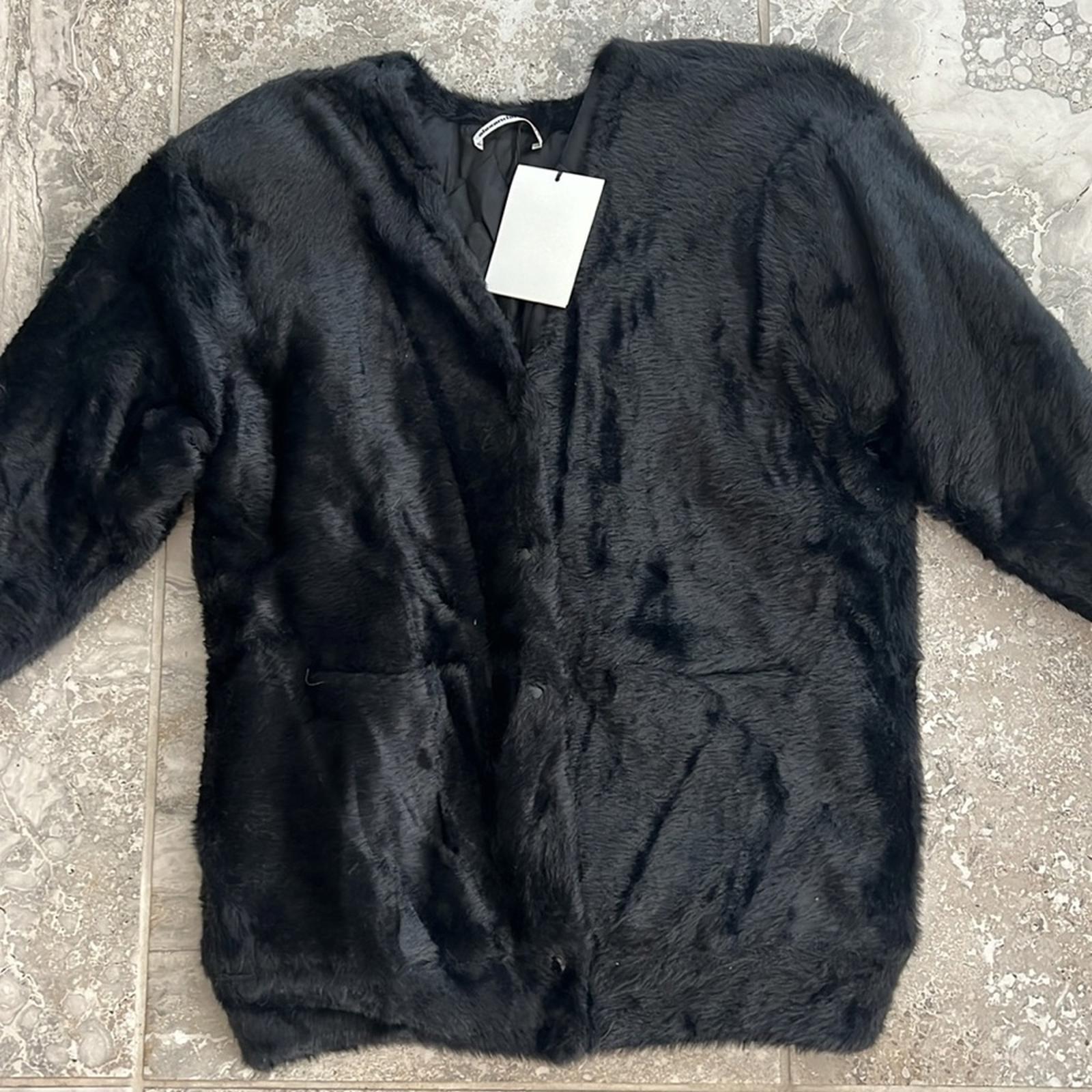 Alexander Wang Faux Fur V-Neck Cardigan w/Quilted Lining, Black Size S New w/Tag