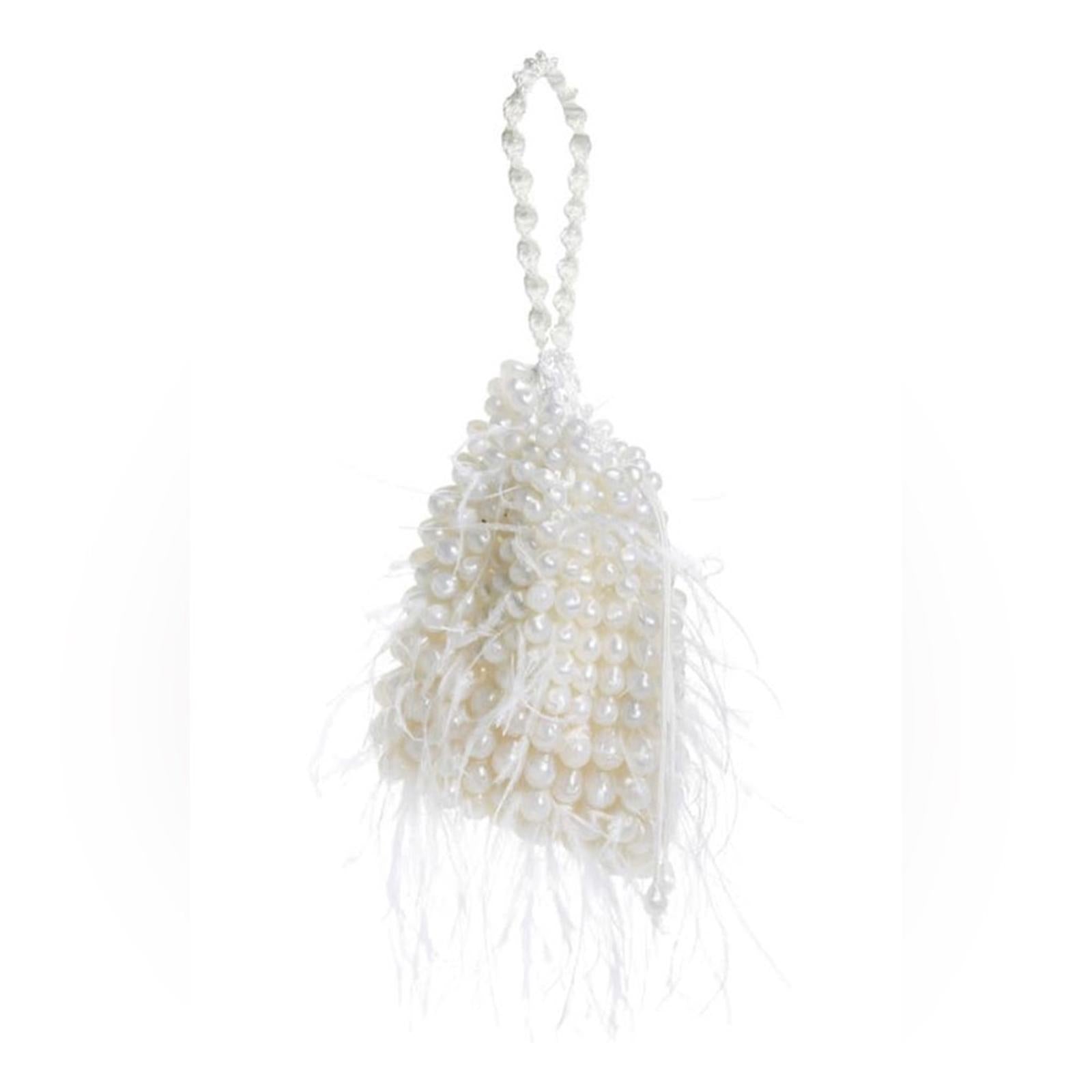 Cult Gaia Dory Ostrich Feather Beaded Wristlet in White, NWT