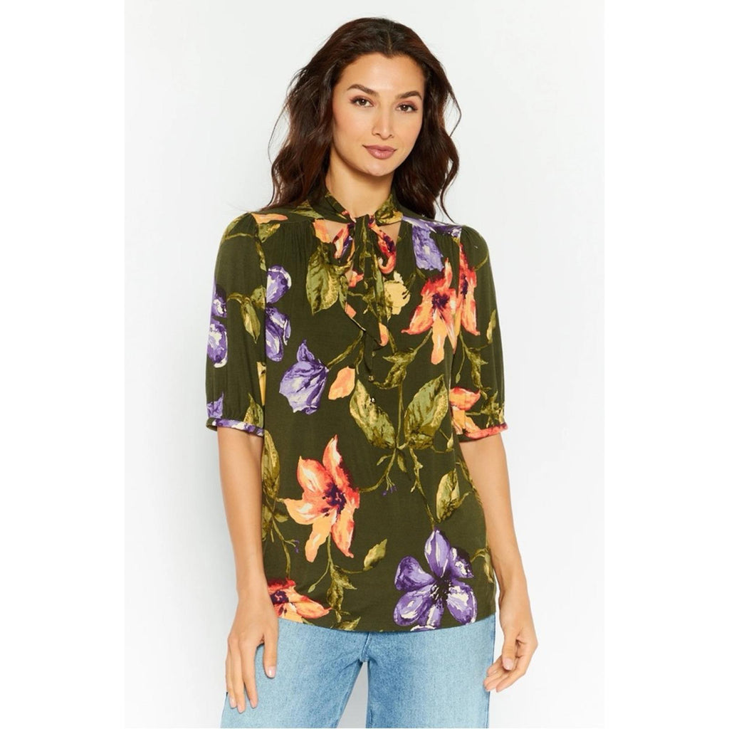 Ralph Lauren Floral Jersey Tie-Neck Blouse in Farm Olive, Plus Size XXL, NWT