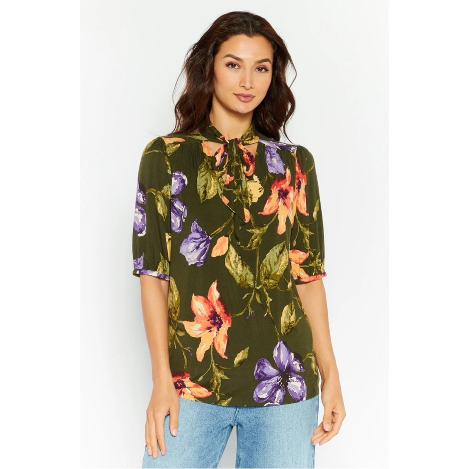 Ralph Lauren Floral Jersey Tie-Neck Blouse in Farm Olive, Plus Size XXL, NWT