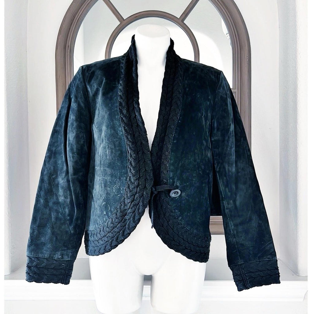 Coldwater Creek Black Suede Leather Jacket Cable Knit, Size M EXCELLENT!