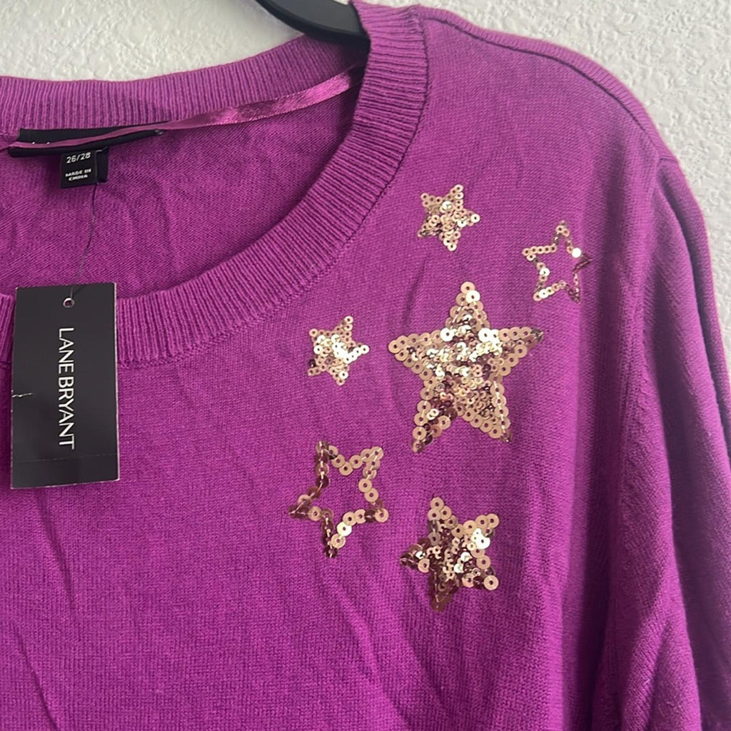 Lane Bryant Sequin Star Graphic Sweater in Fuchsia, Size 26/28 New w/Tag