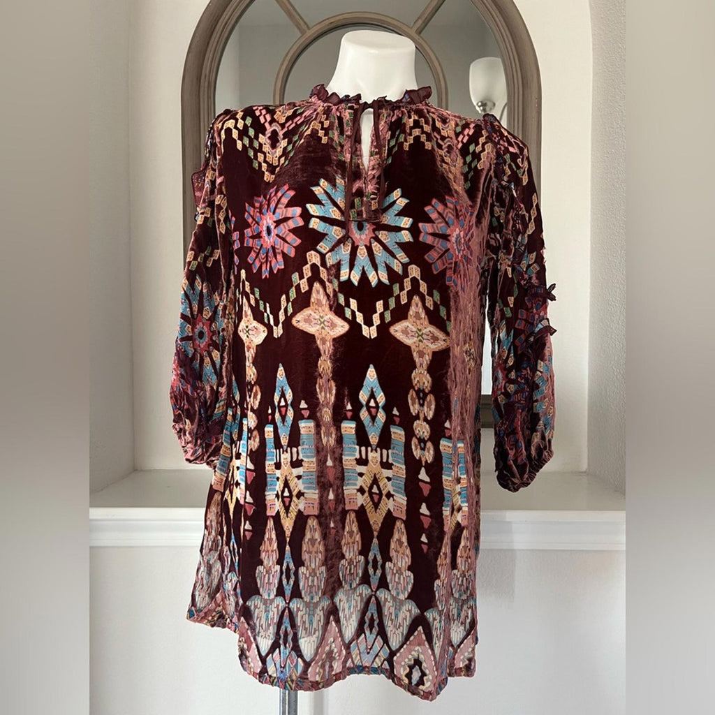 NEW Johnny Was ‘Mali’ Silk & Velvet Tunic, Red Size XS New w/Tag Retail $375