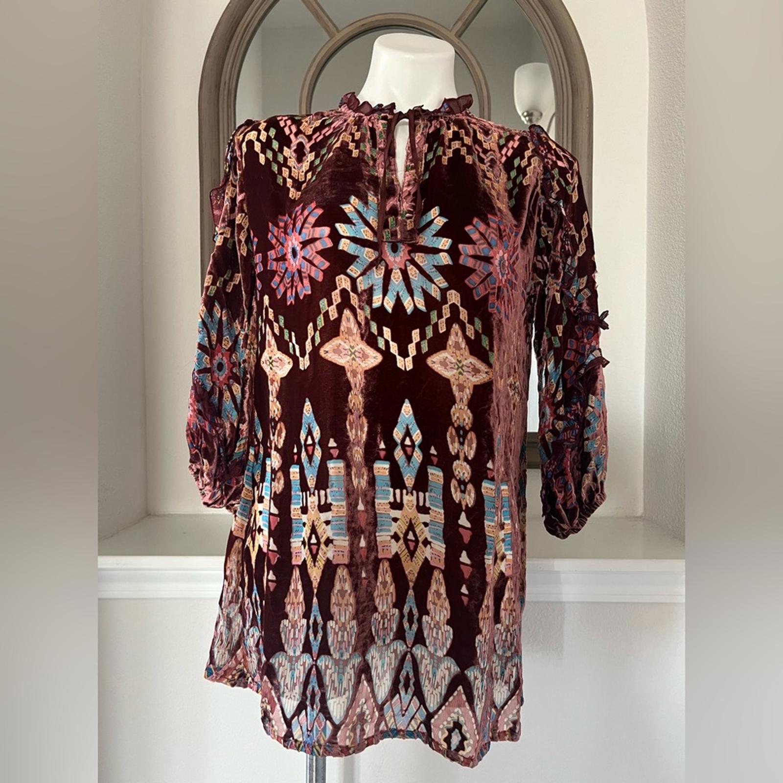 NEW Johnny Was ‘Mali’ Silk & Velvet Tunic, Red Size XS New w/Tag Retail $375