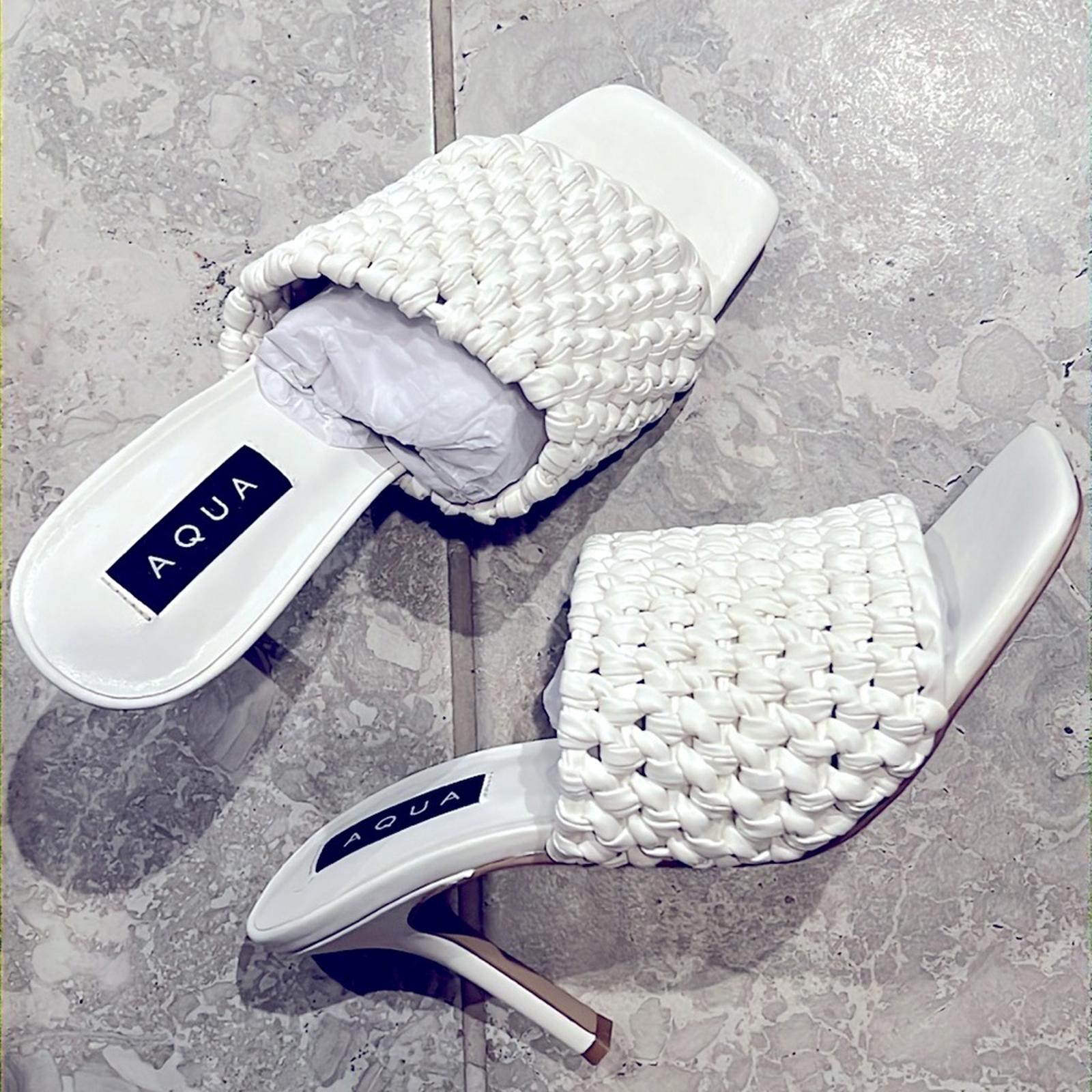 Aqua Padded Woven Katy Square Toe Stiletto Heeled Sandals in White, Size 10 NEW