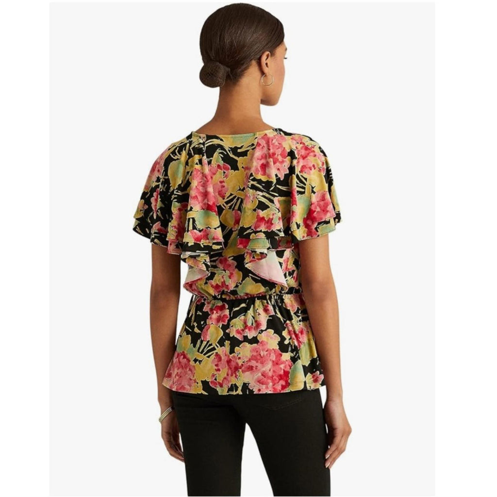 Ralph Lauren Floral Ruffle Trim Surplice Jersey Top in Black, NWT, Size L