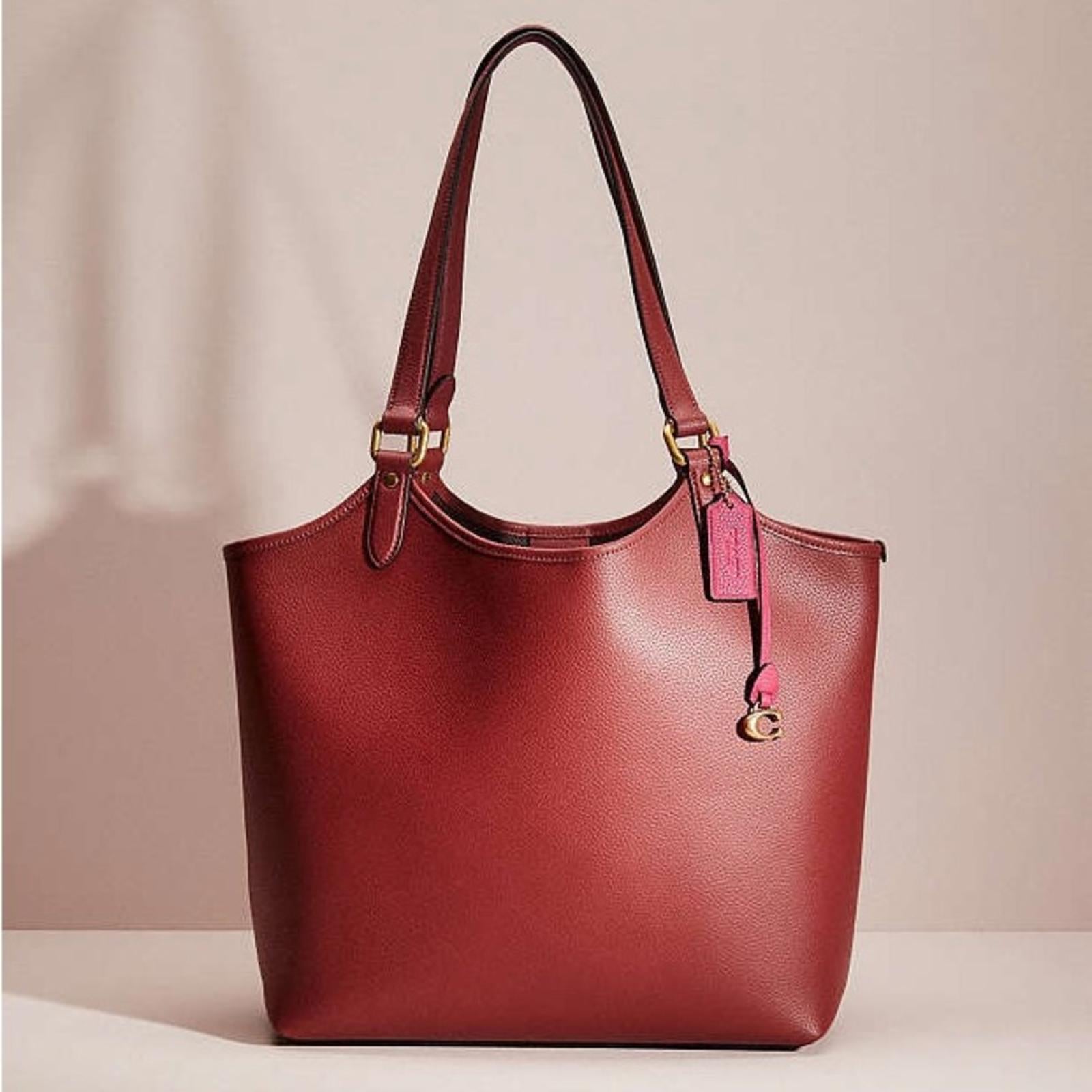 COACH Polished Pebble Leather Restored Day Tote in Brass/Brick Red, New +DustBag