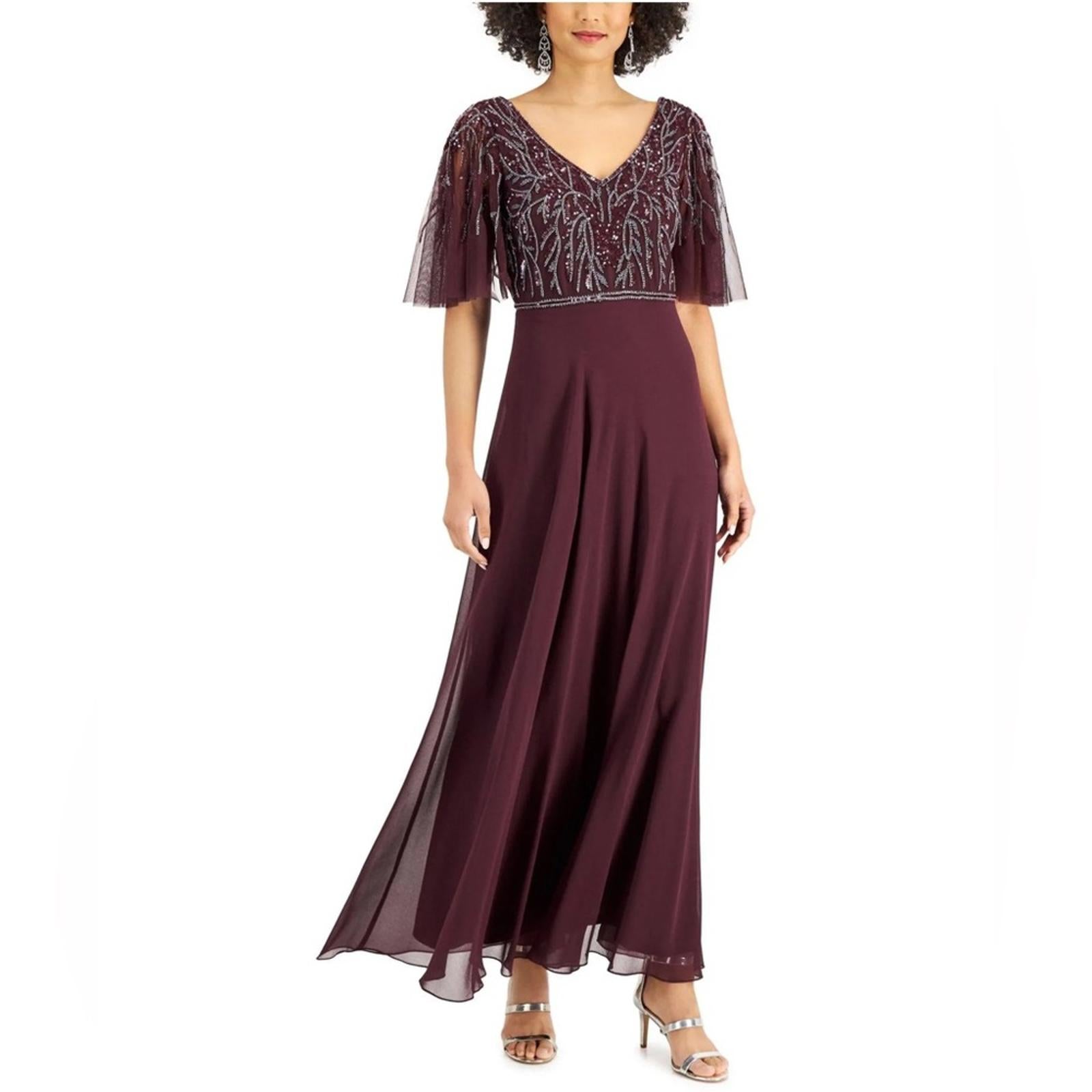 JKara Flutter Sleeve V-Neck Full-Length Dress, Burgundy Size 12 New w/Tag $319