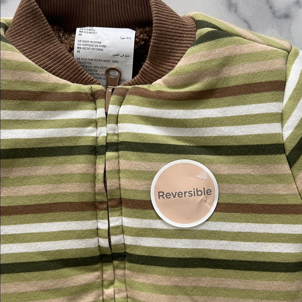 First Impressions Baby Boys Reversible Faux-Sherpa Striped Jacket, Size 0-3M NWT