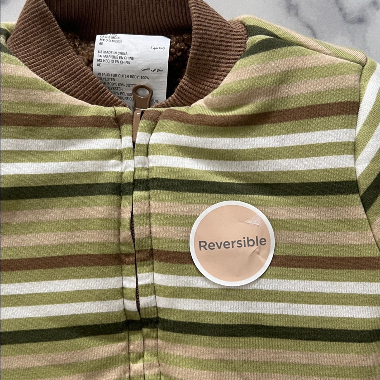 First Impressions Baby Boys Reversible Faux-Sherpa Striped Jacket, Size 0-3M NWT