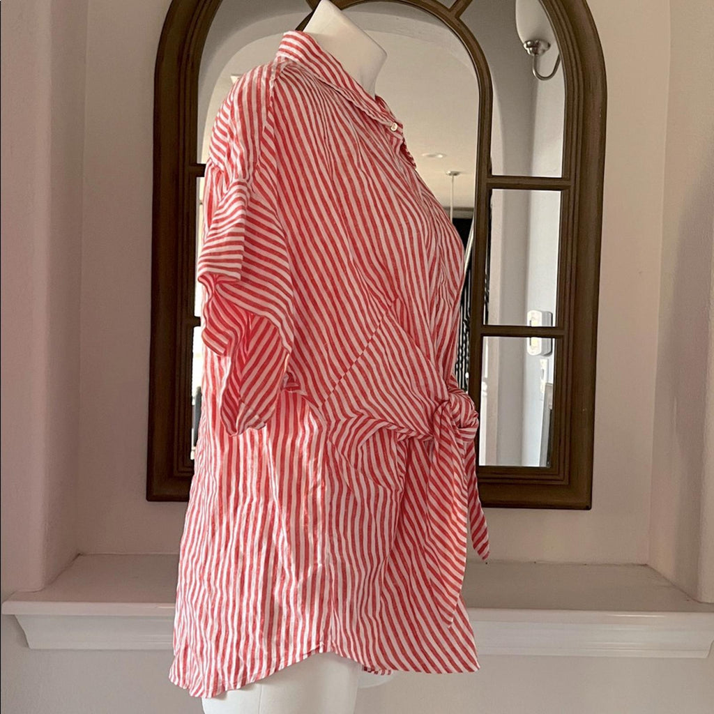 Lauren Ralph Lauren Striped Tie Front Linen Shirt in Red/White, Size 2X, NEW