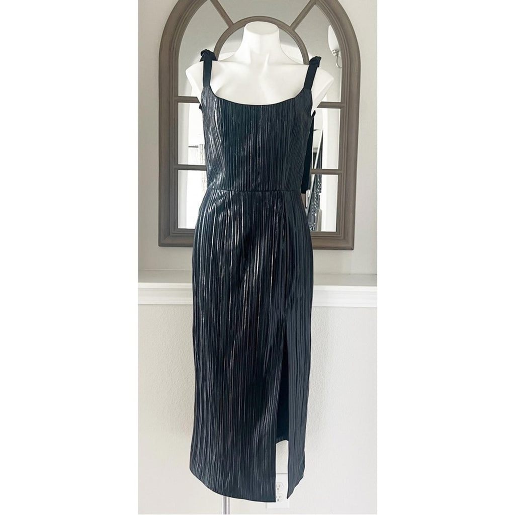 Markarian Imogen Pleated Midi Dress in Black Lame, NWT, Size 6, Retail $1695
