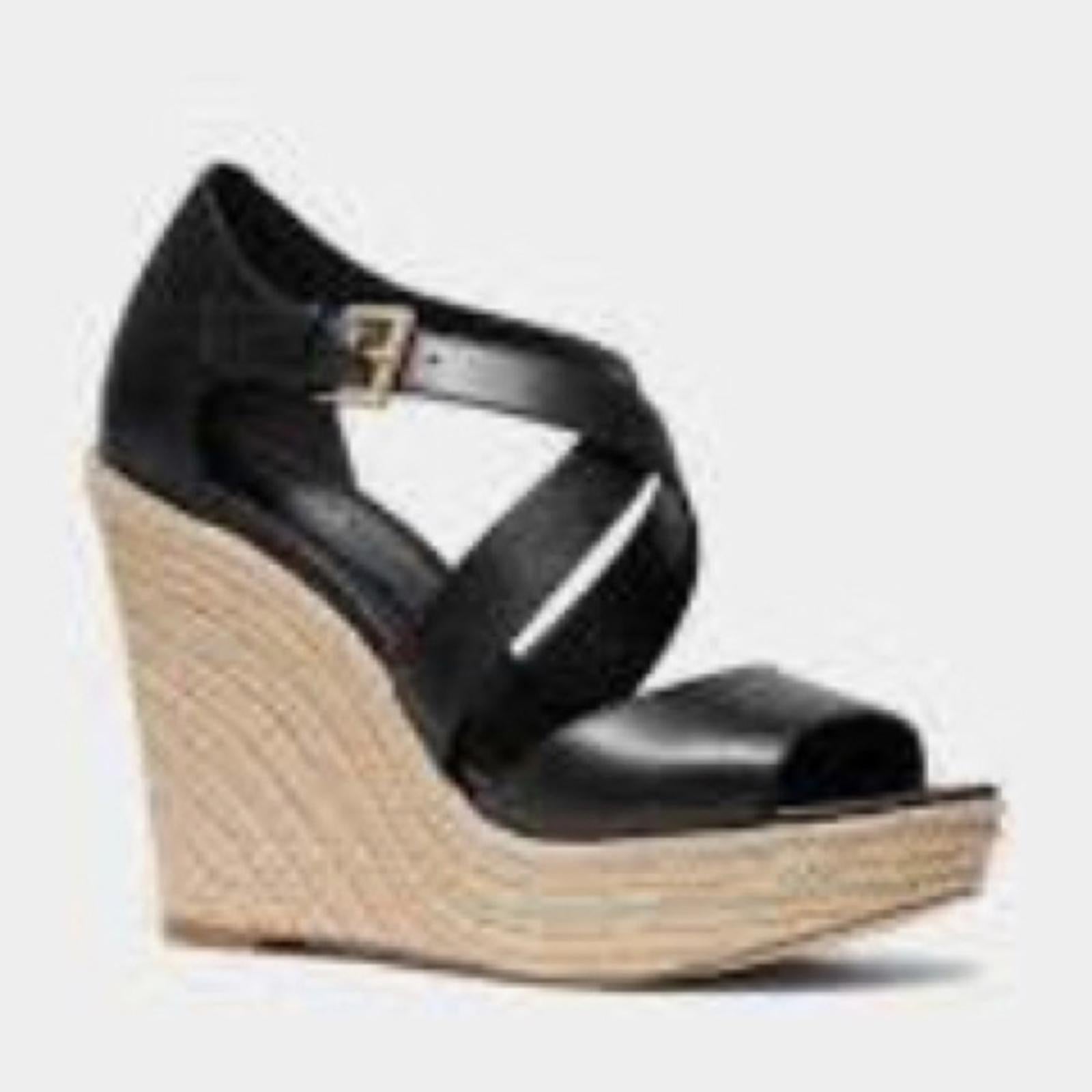 NEW Michael Kors Leather Wedge Sandals Espadrilles Black, Size 9.5 Retail $139