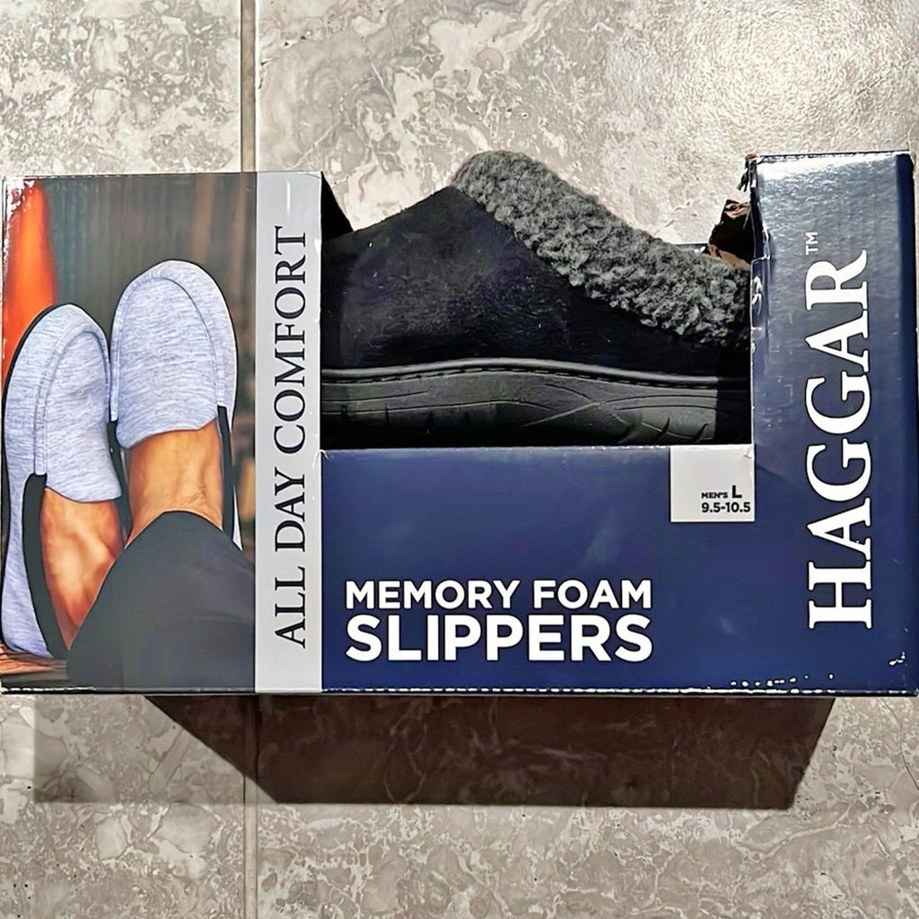NEW Haggar Men's Faux-Suede Clog Slippers in Black, Size L (9.5-10.5) New in Box