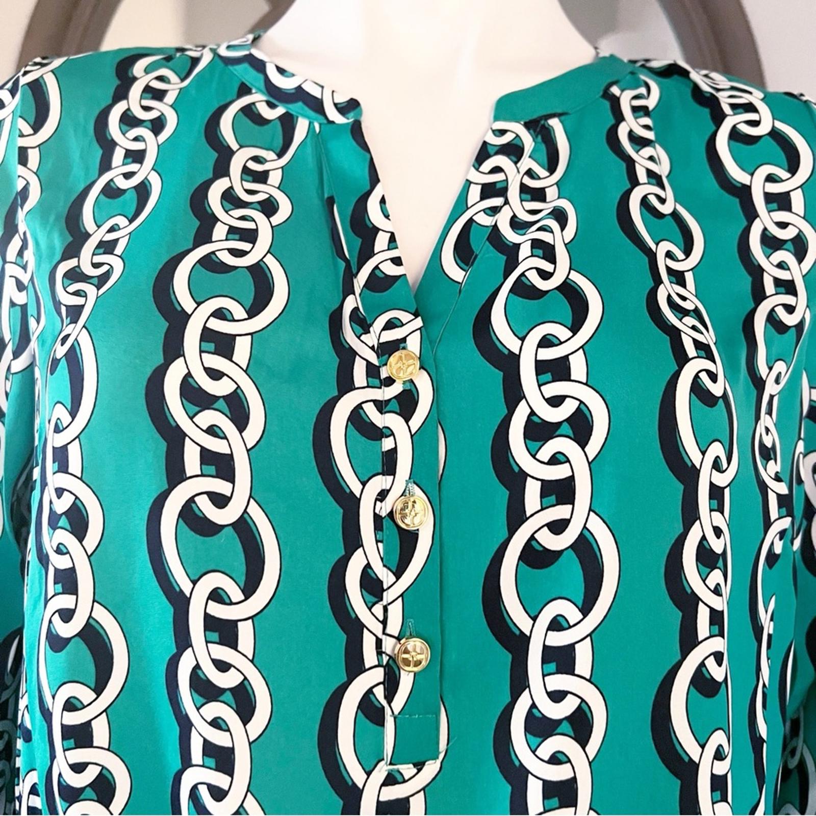 IMAN Popover High Low Chain Print Long Sleeve Blouse, Green Size S New w/Tag