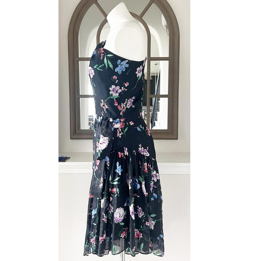 Shoshanna Midnight Gia One Shoulder Silk Floral Dress, Black Size 8 Retail $595