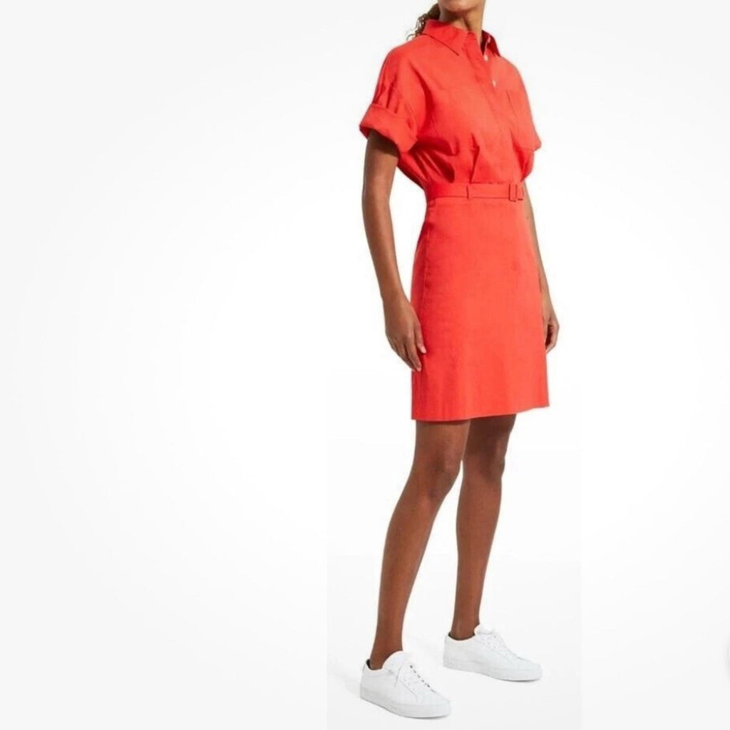 Theory Linen-Blend Eco Crunch Belted Casual Shirt Dress Poppy Red, NWT, Size 4