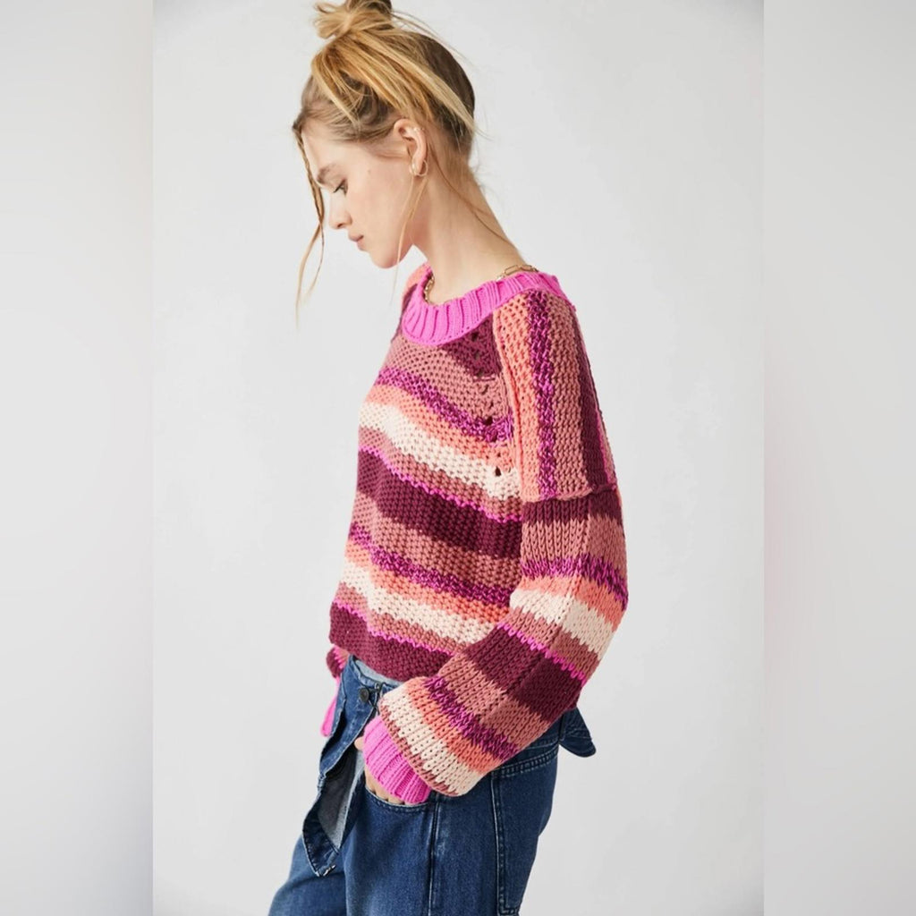 Free People Revolve* Devon Sweater, Fuchsia Rose Combo,  Size L New w/Tag