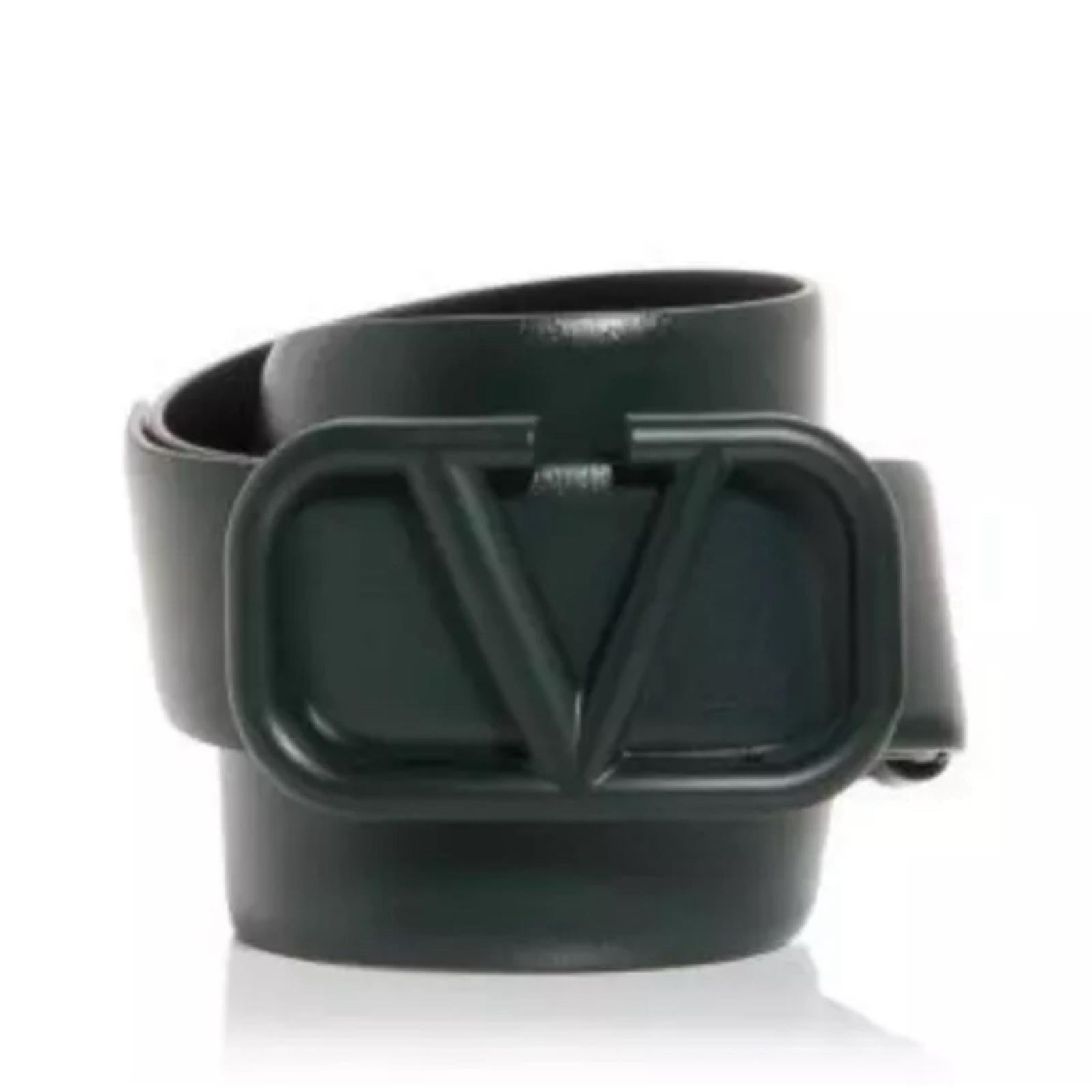 Valentino Garavani V-Logo Plaque Leather Belt in Olive Green, Size 90 New w/Tag