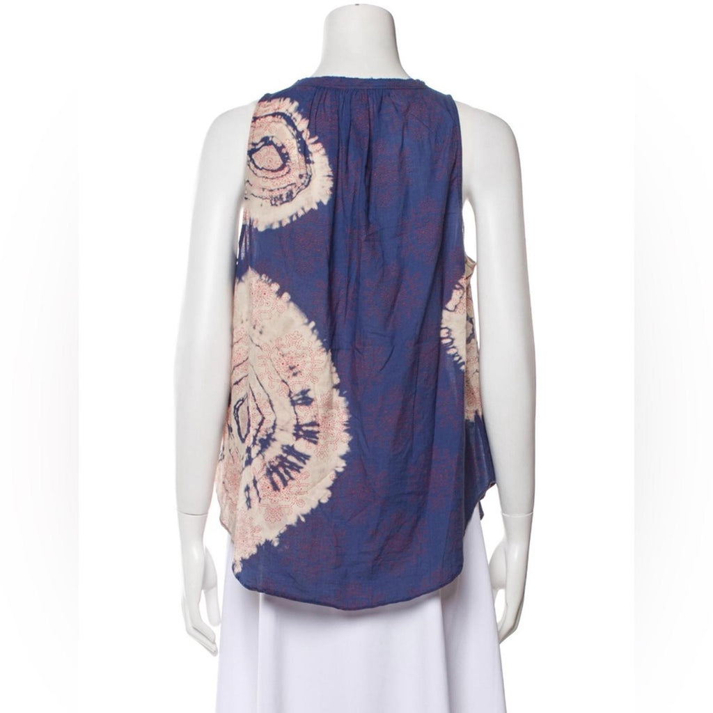 Raquel Allegra Voile Block Print Shirred Sleeveless Top, Blue/Red Size 0 $132.50
