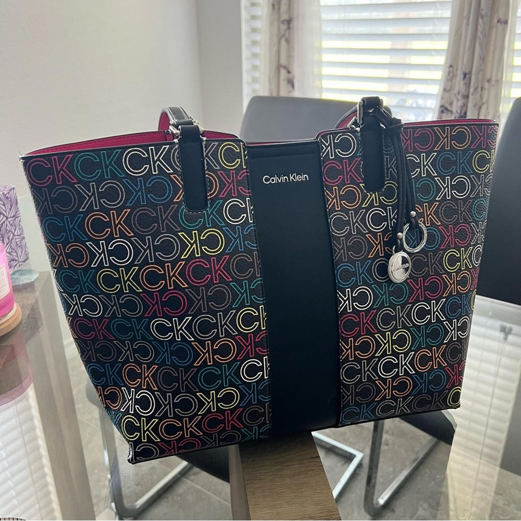 Calvin Klein Suri Monogram Tote Bag with Wristlet, Black Multi, New with Tag