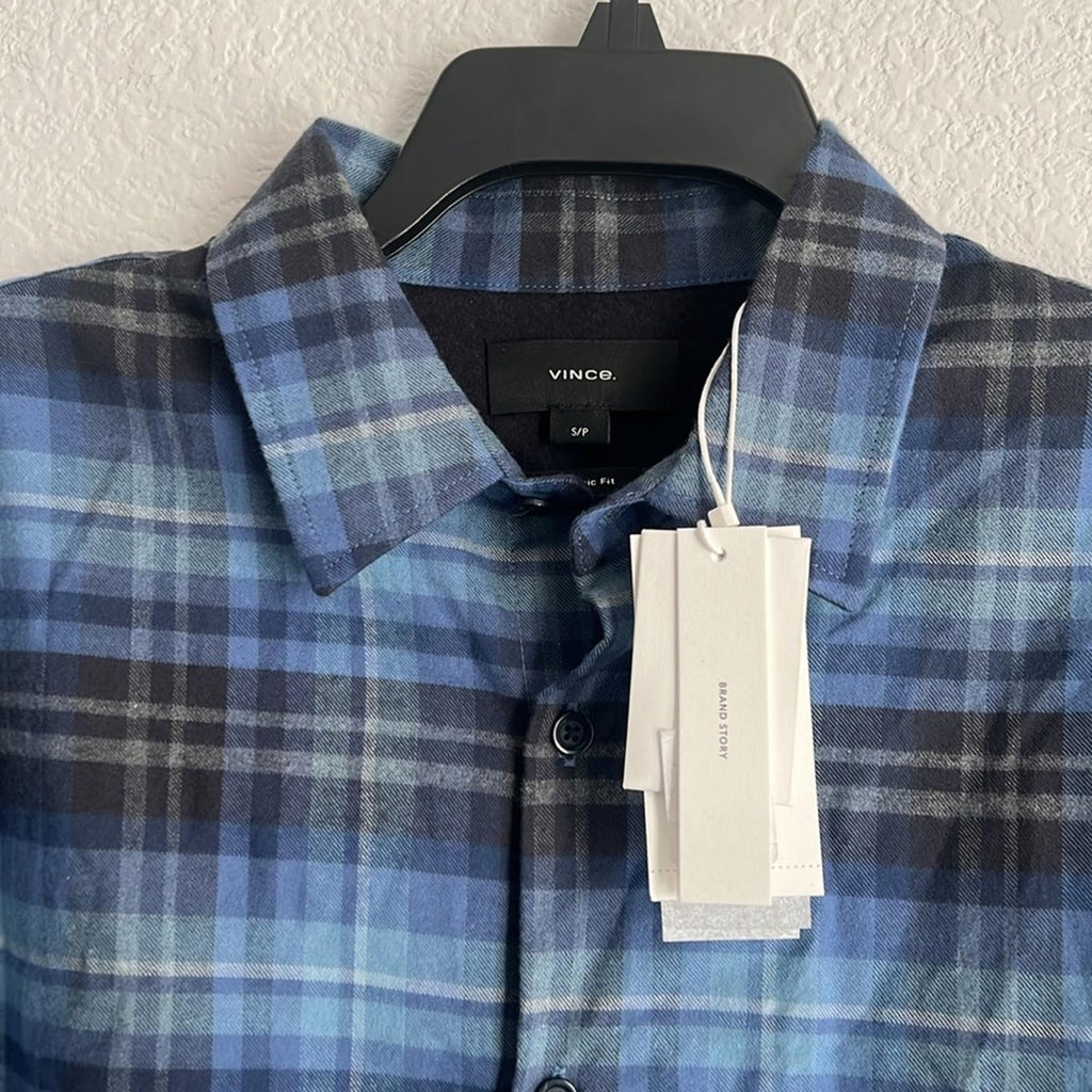 Vince Blue Plaid Casual Button Down Shirt, Size S NEW w/Tag