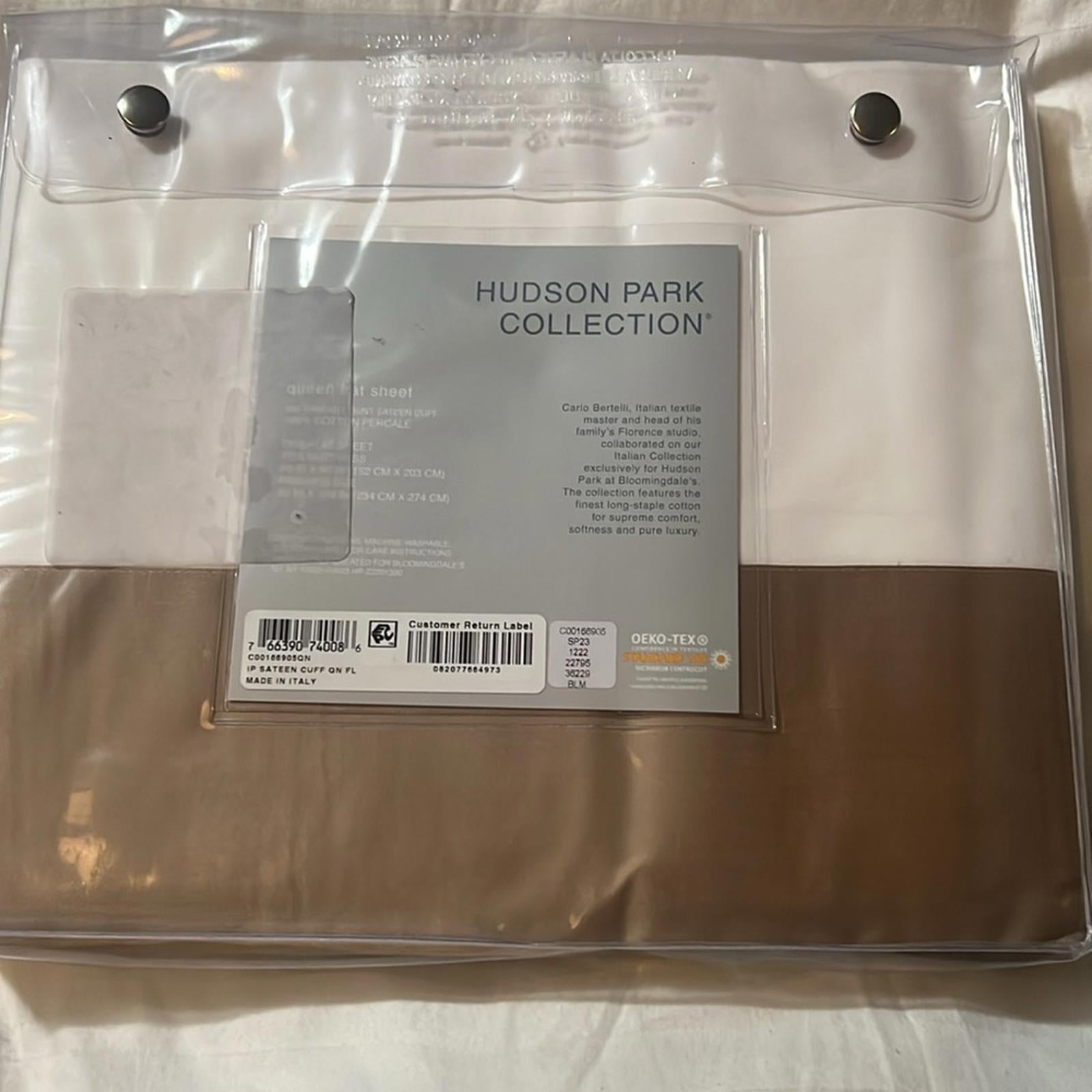 Hudson Park Collection Italian Cuff Flat Sheet in White/Brown, NWT, Queen $195