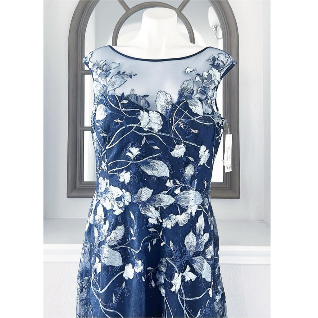 Teri Jon Embroidered Mesh Gown in Navy/Silver, NWT, Size 16