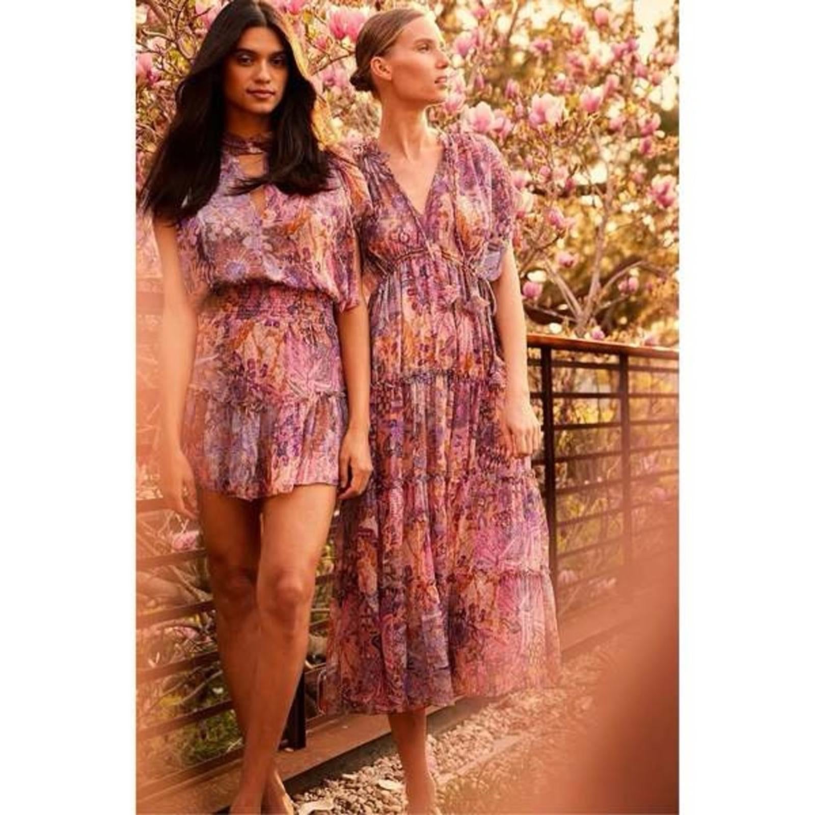 MISA Ilya Split-Neck Tiered Midi Dress, Boho Maxi Size XS New w/Tag $430
