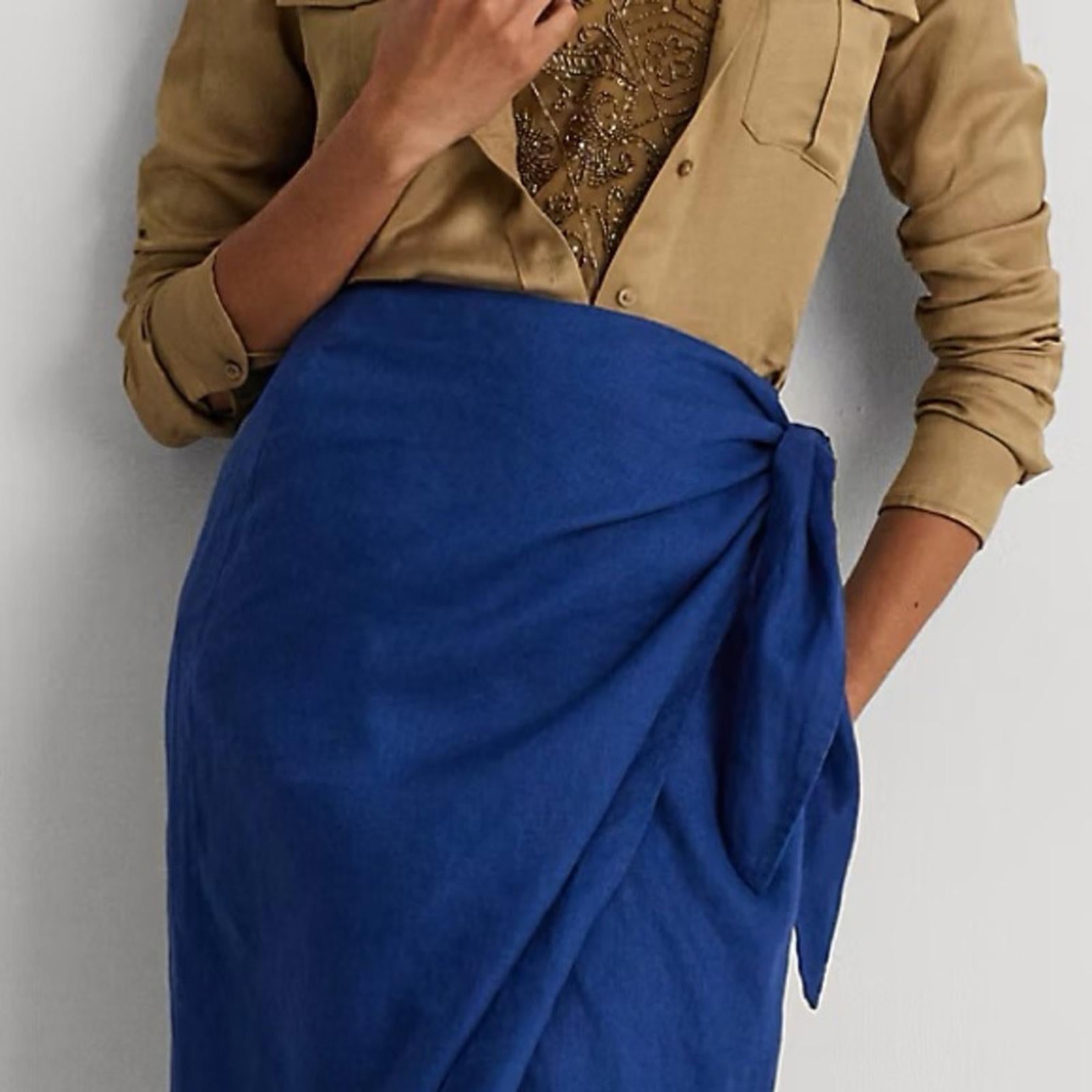 Lauren Ralph Lauren Linen Wrap Midi Skirt in Indigo Sail, Size 4 New w/Tag