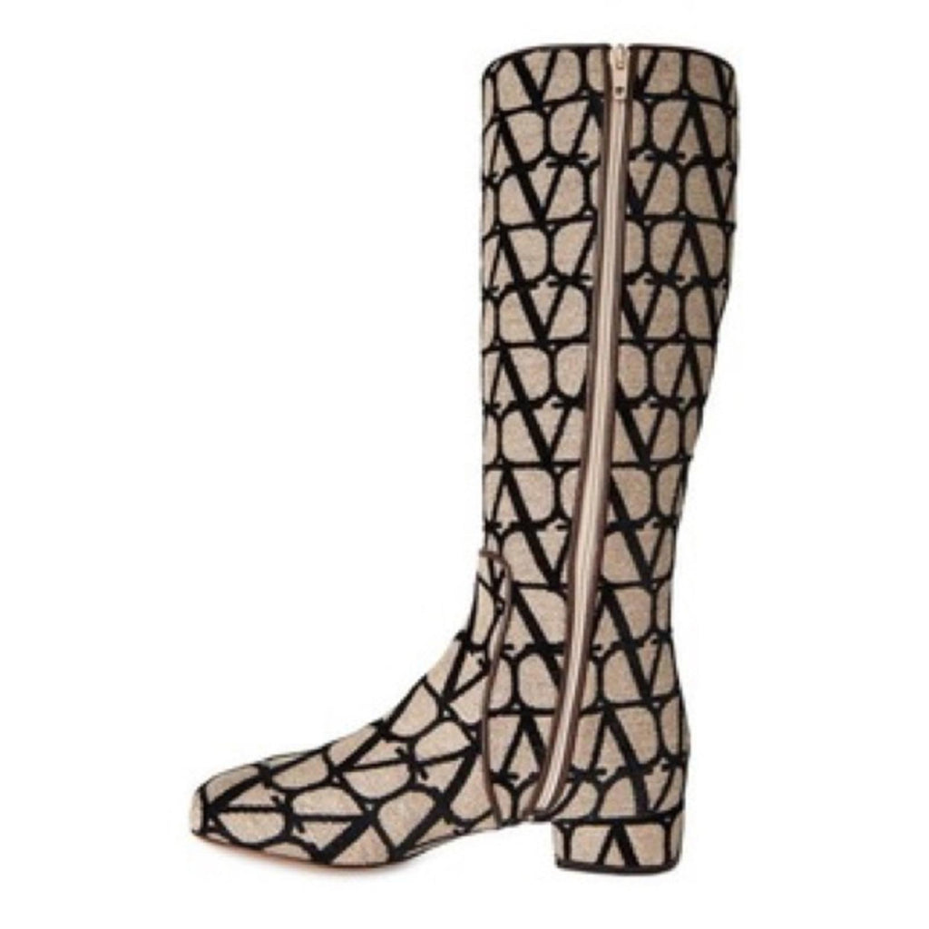Valentino Garavani Toile Iconographe V-Logo Knee-High Boots, Size 37 +Box NEW