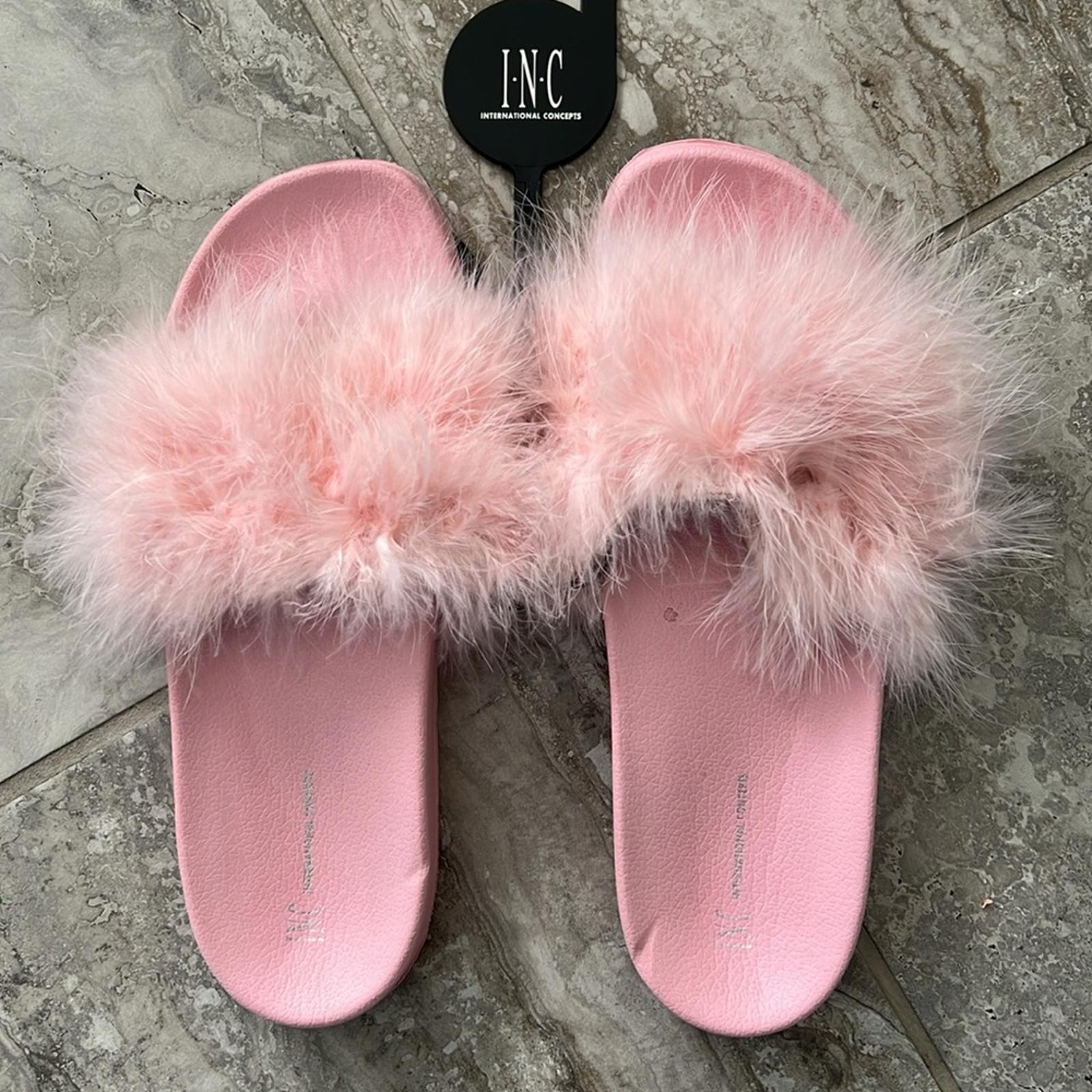 INC Faux-Marabou Slide Slippers in Pink , Size XL 11/12 New w/Tag