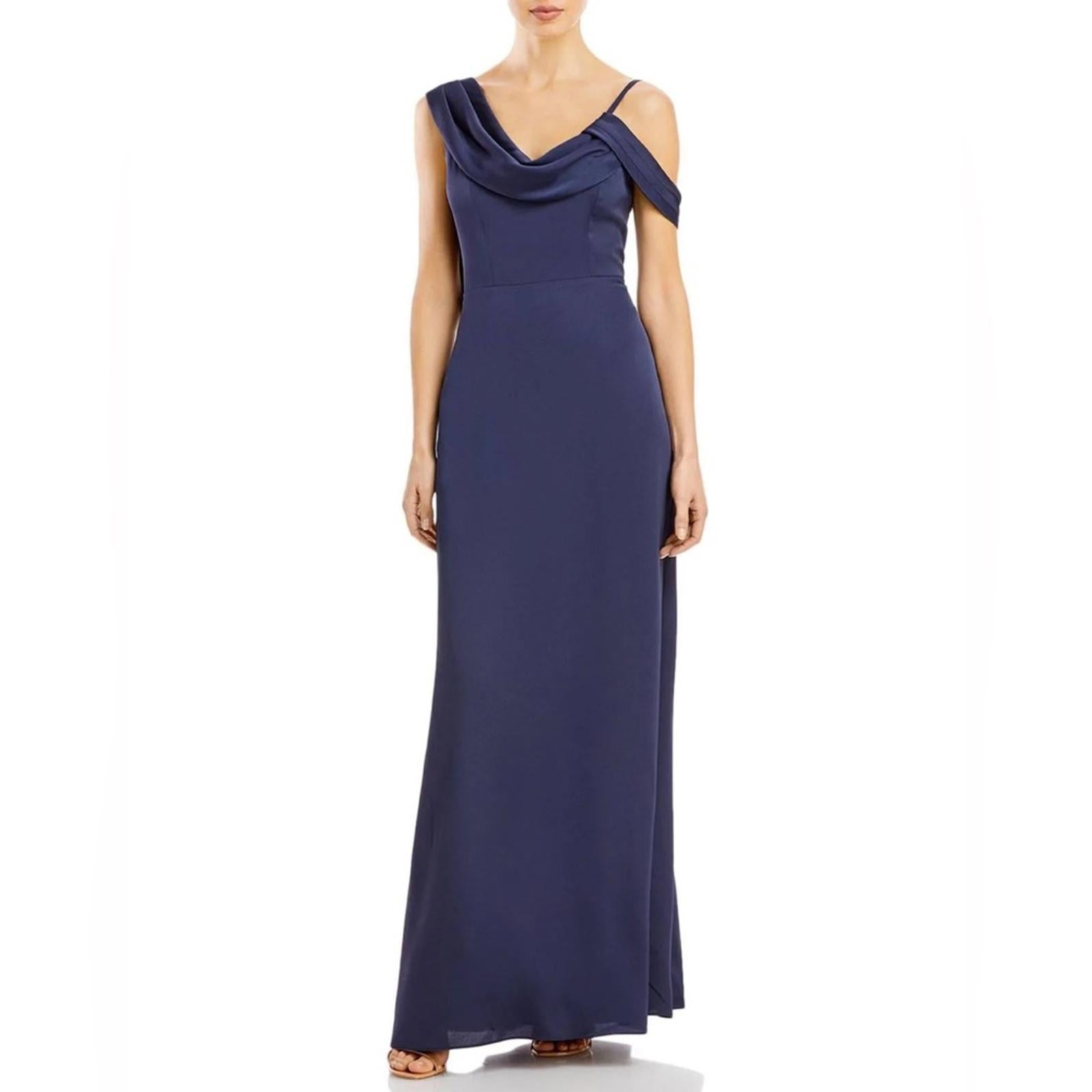 Aqua Asymmetrical Neckline Full-Length Evening Gown in Dark Navy Size 2 NWT $368