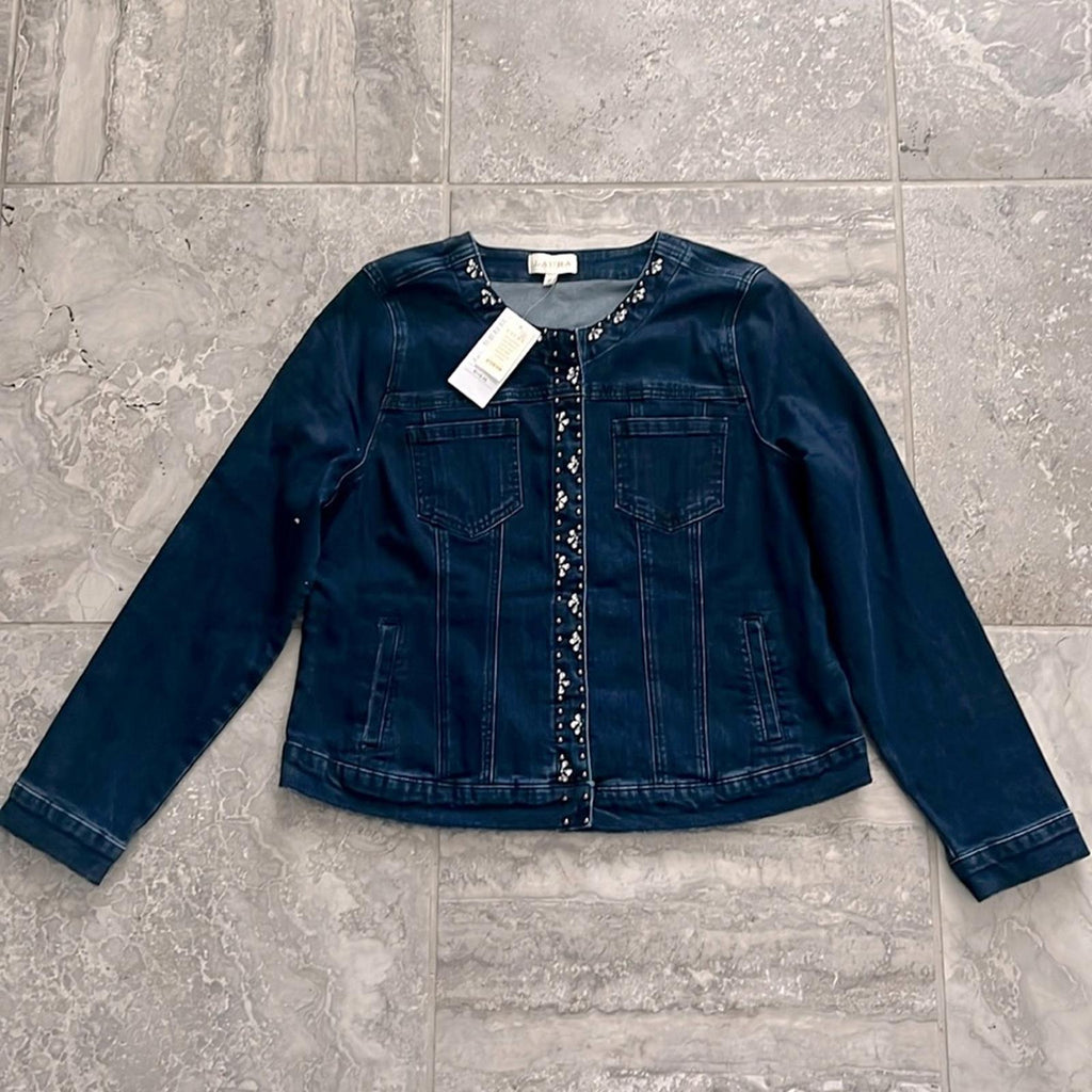 LAURA Embellished Snap-Button Front Jean Jacket, Blue Size 14 New w/Tag
