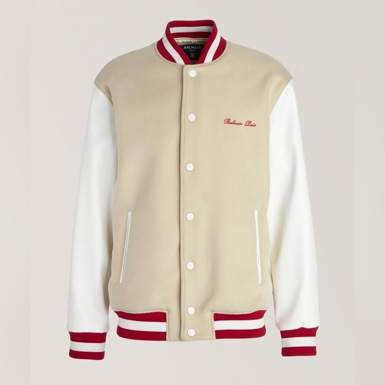 Balmain Embroidered Cursive Logo Letterman Jacket, Size IT 54 New w/Tag