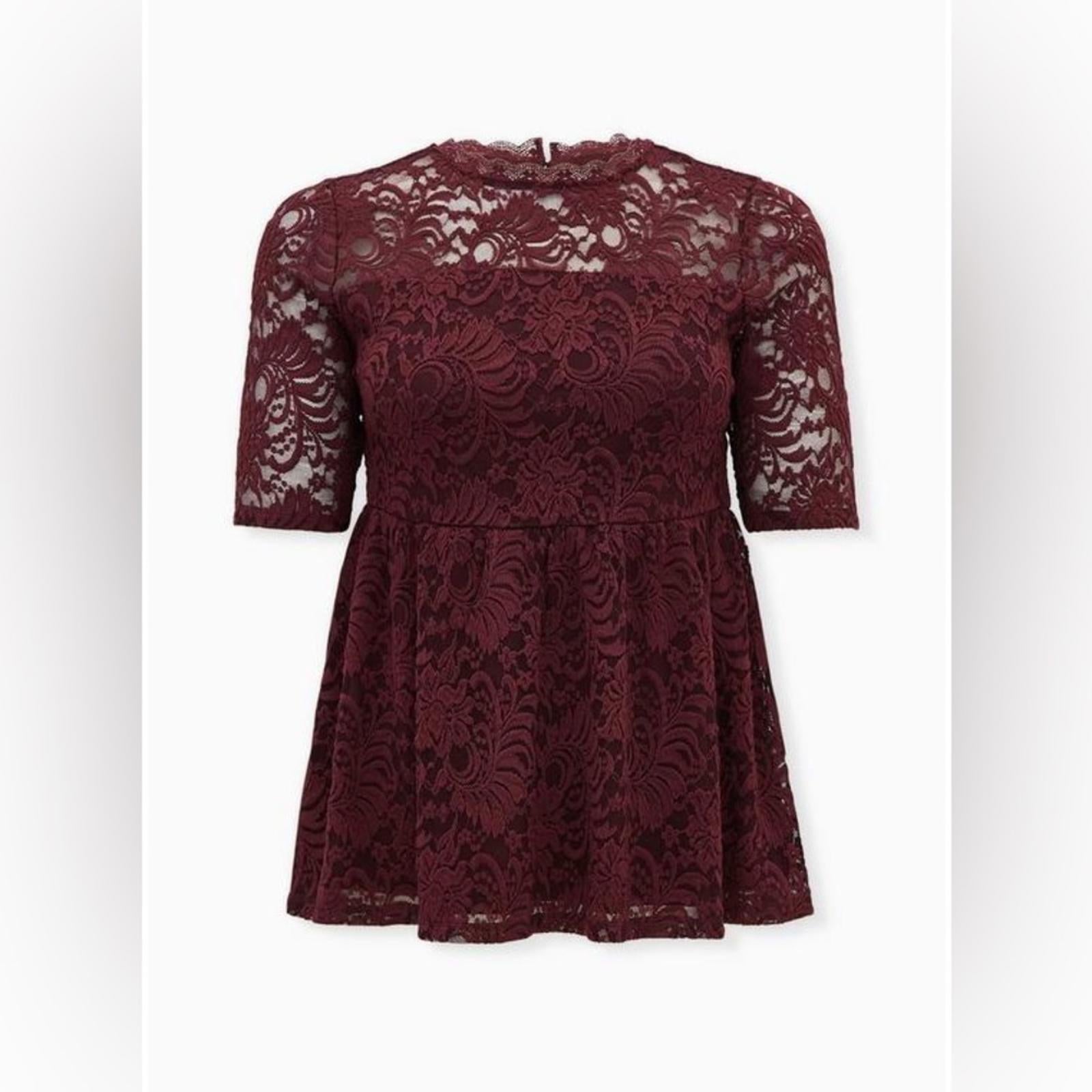 Torrid Babydoll Lace High Neck Short Sleeve Top in Wine Red, Size L New w/Tag