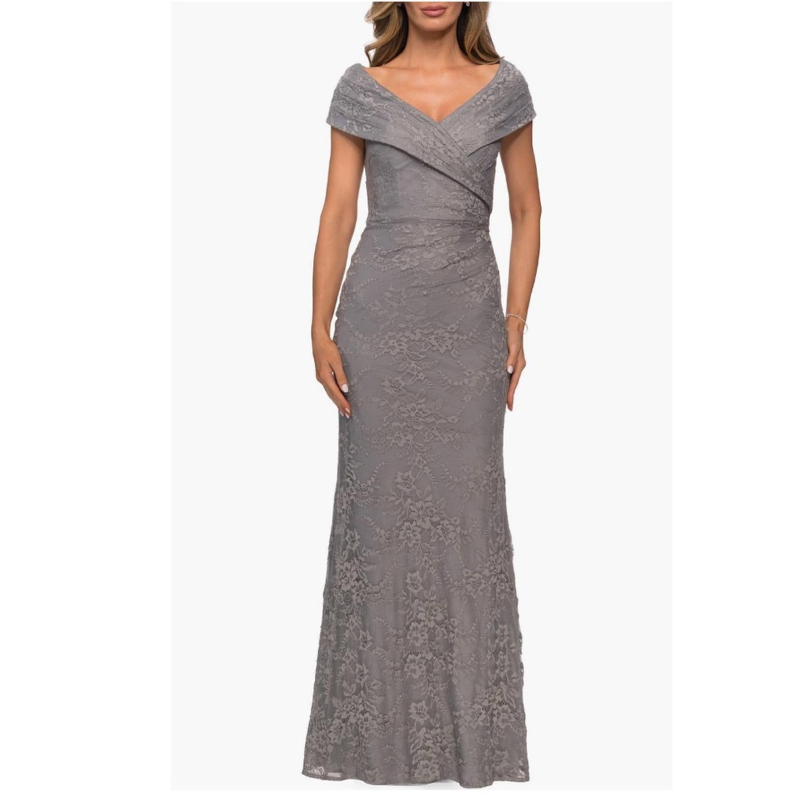 La Femme Lace Off the Shoulder Cap Sleeve Evening Dress in Platinum Size 16 NWT