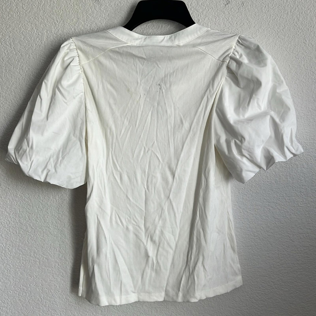 DKNY Puff-Sleeve Ribbed Henley Shirt in White, NWT, Size S