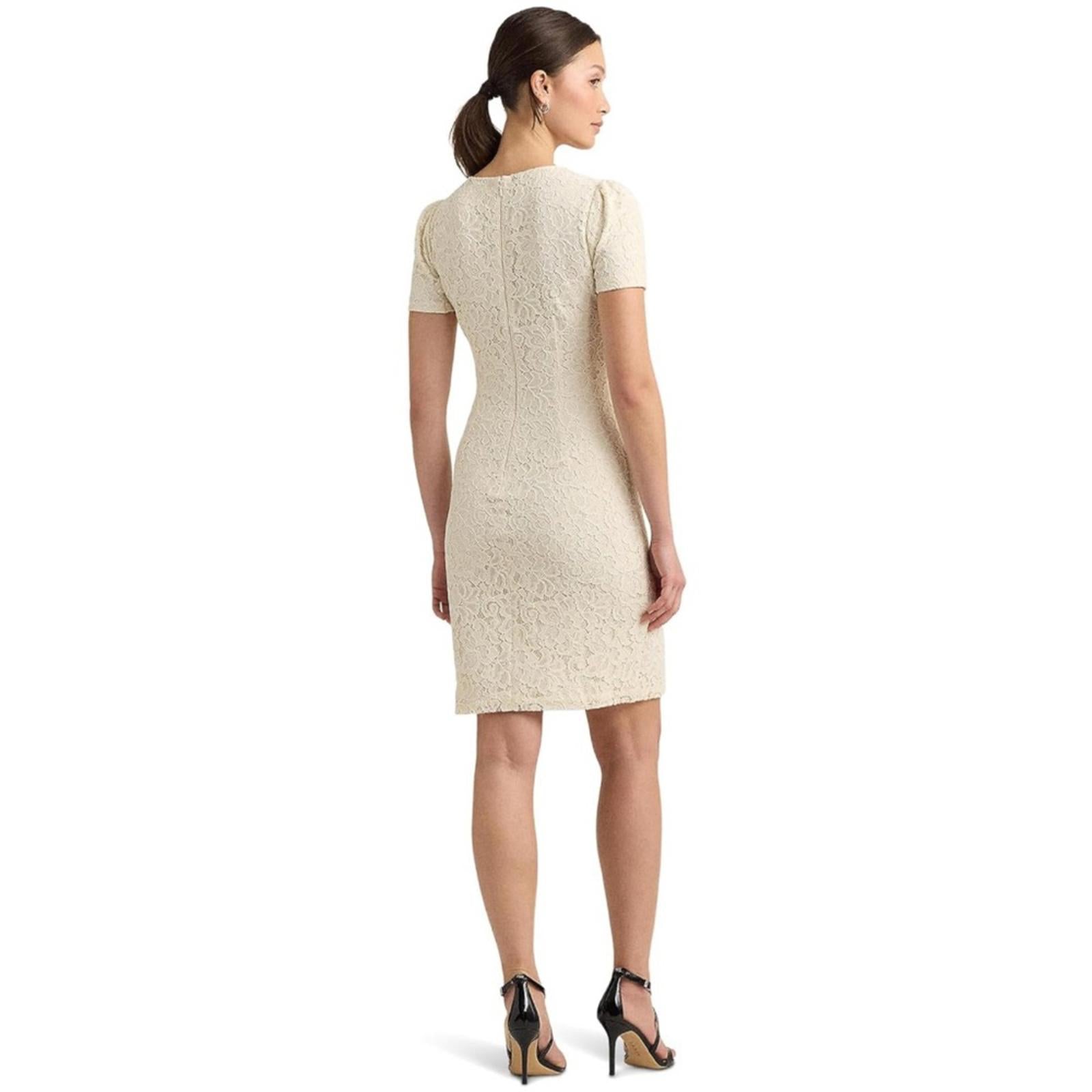 Lauren Ralph Lauren Puff-Sleeve Lace Cocktail Dress in Cream Size 10 NWT $225