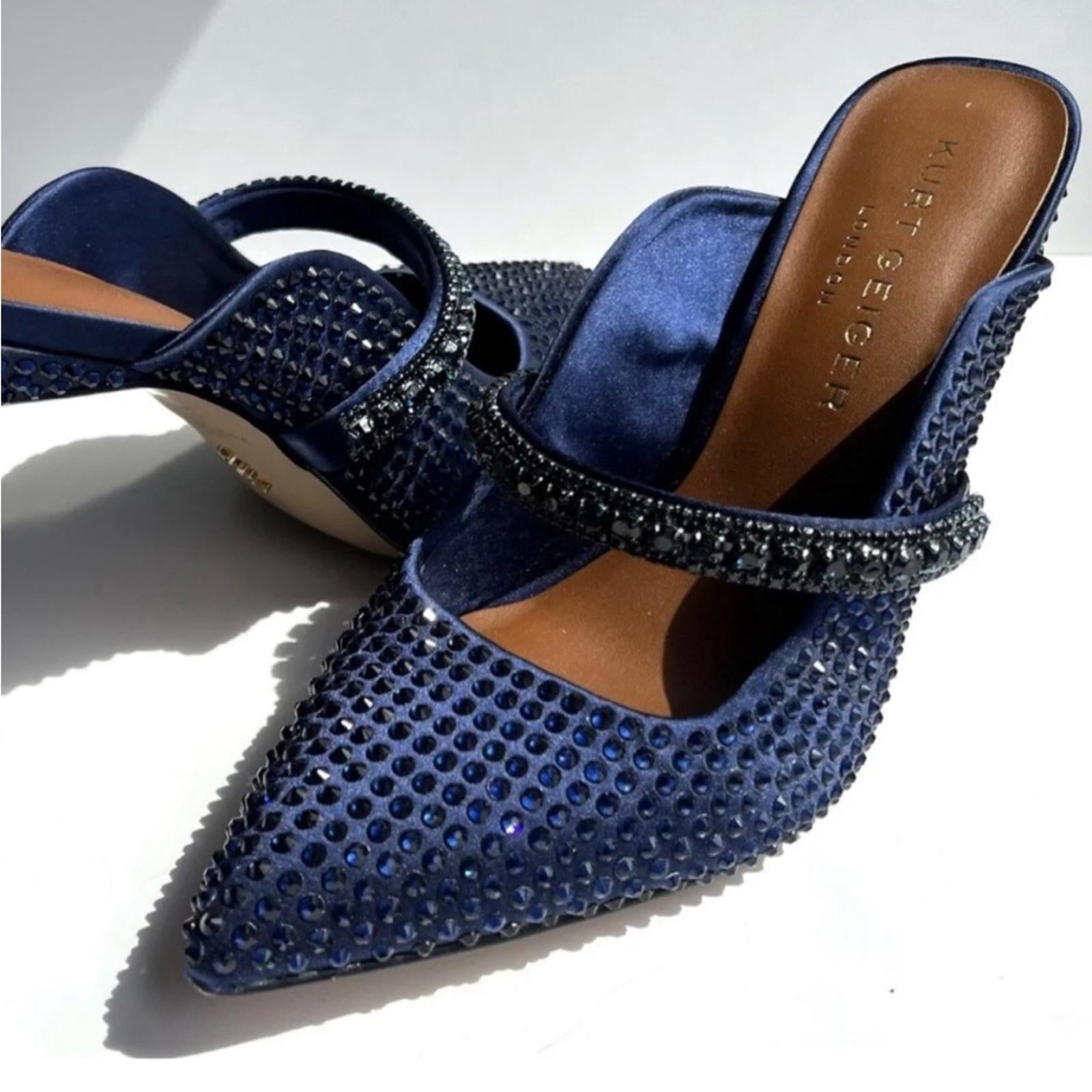 Kurt Geiger Blue Duke Drench 100 Crystal-Embellished Mules Heels Size 41 NEW