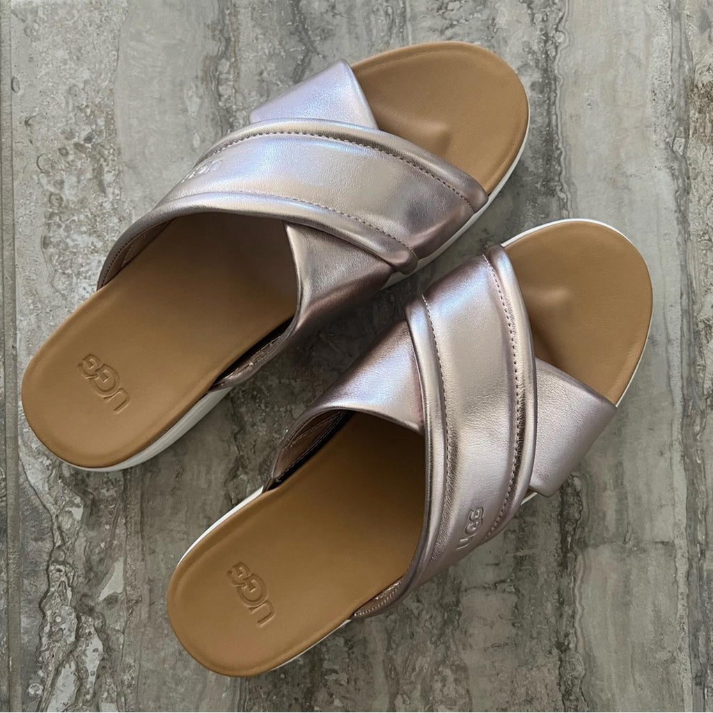 UGG Zayne Leather Platform Sandals, Metallic Blush & White Size 6 New w/o Box