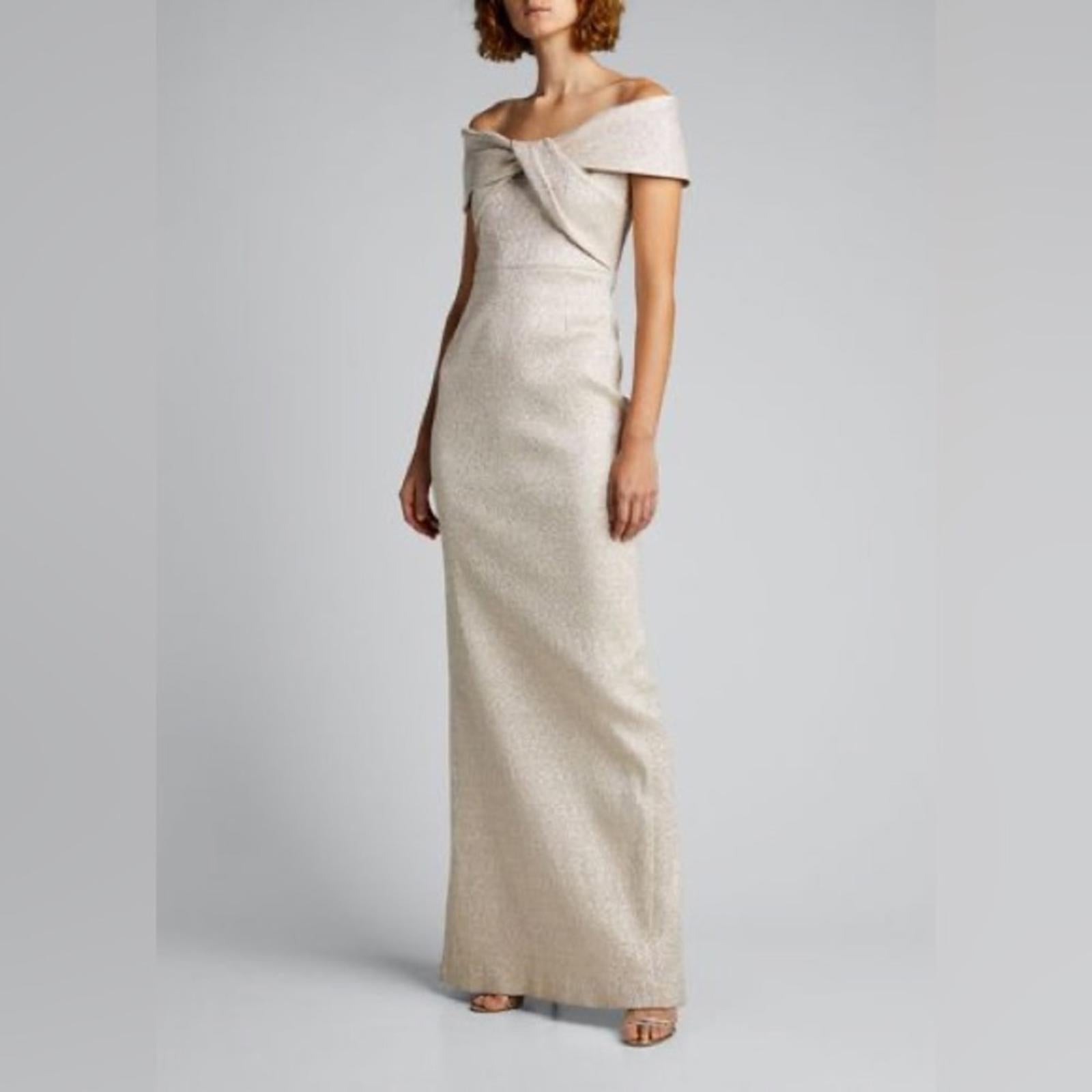 Teri Jon Metallic Jacquard Off-the-Shoulder Champagne Gown Size 4 NEW w/Tag