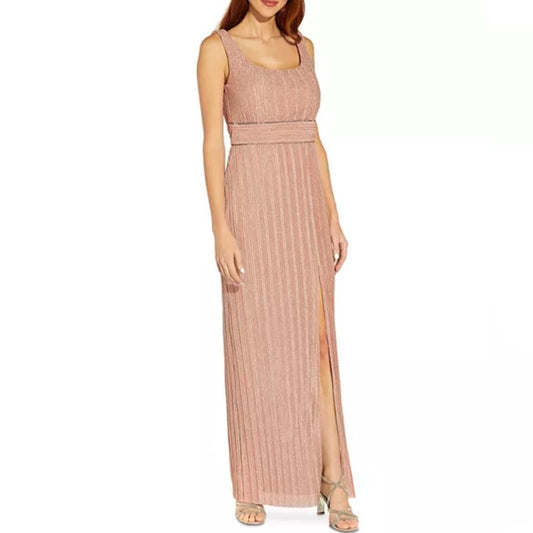 Adrianna Papell Metallic Pleated Long Gown in Rose, Size 8 NEW w/Tag $229