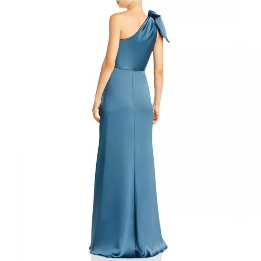 Amsale One-Shoulder Fluid Satin A-Line Gown in Petrol Green, Size 6, NEW