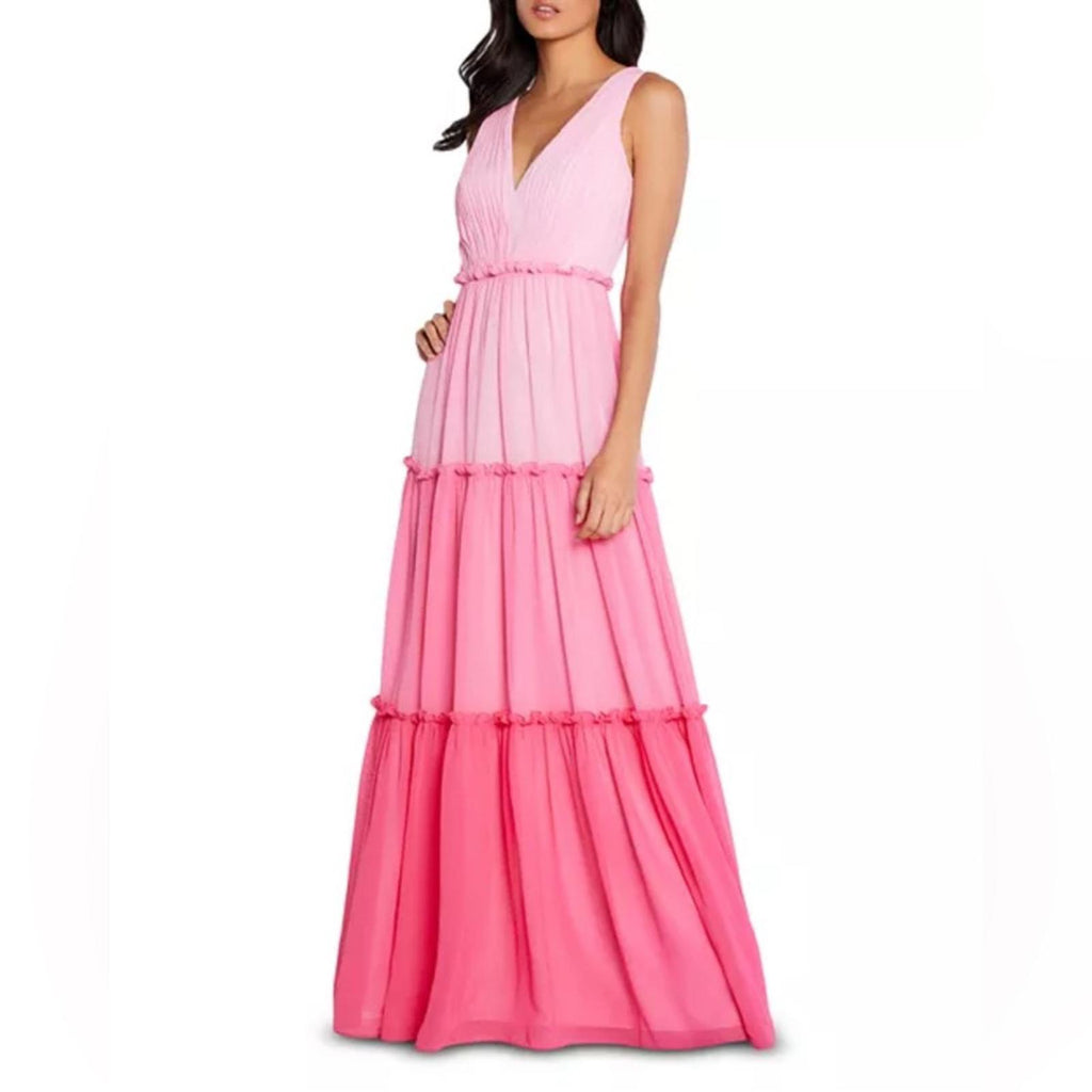 Aidan Mattox V-Neck Ciffon Color-Block Tiered Maxi Gown in Pink, Size 0 NWT $330